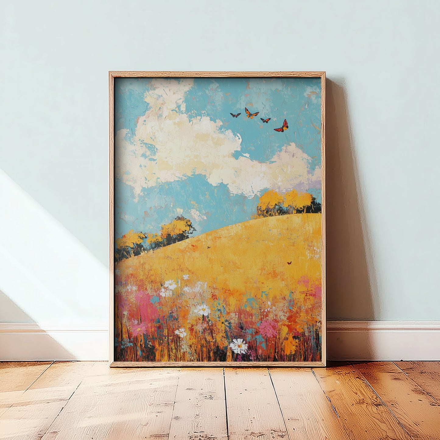 Rolling Hills Landscape Art Print - Butterfly Meadow Poster - Folk Art Painting - Mustard Cyan and Drift 1/3