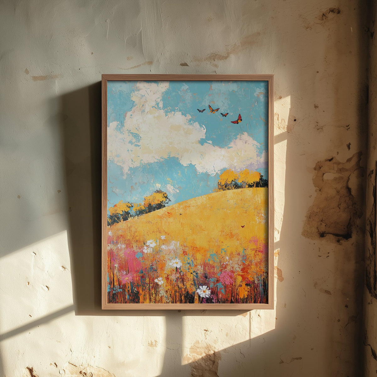 Rolling Hills Landscape Art Print - Butterfly Meadow Poster - Folk Art Painting - Mustard Cyan and Drift 1/3