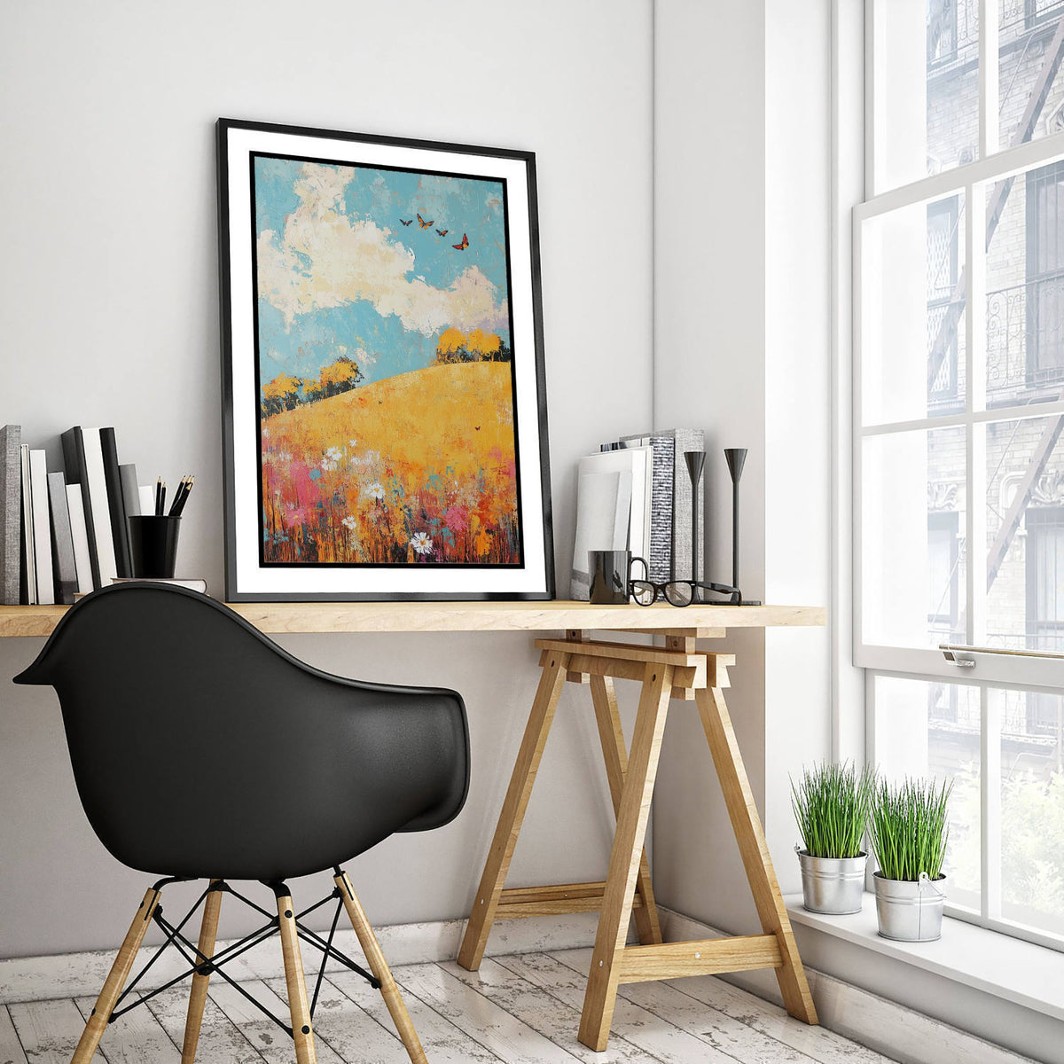 Rolling Hills Landscape Art Print - Butterfly Meadow Poster - Folk Art Painting - Mustard Cyan and Drift 1/3