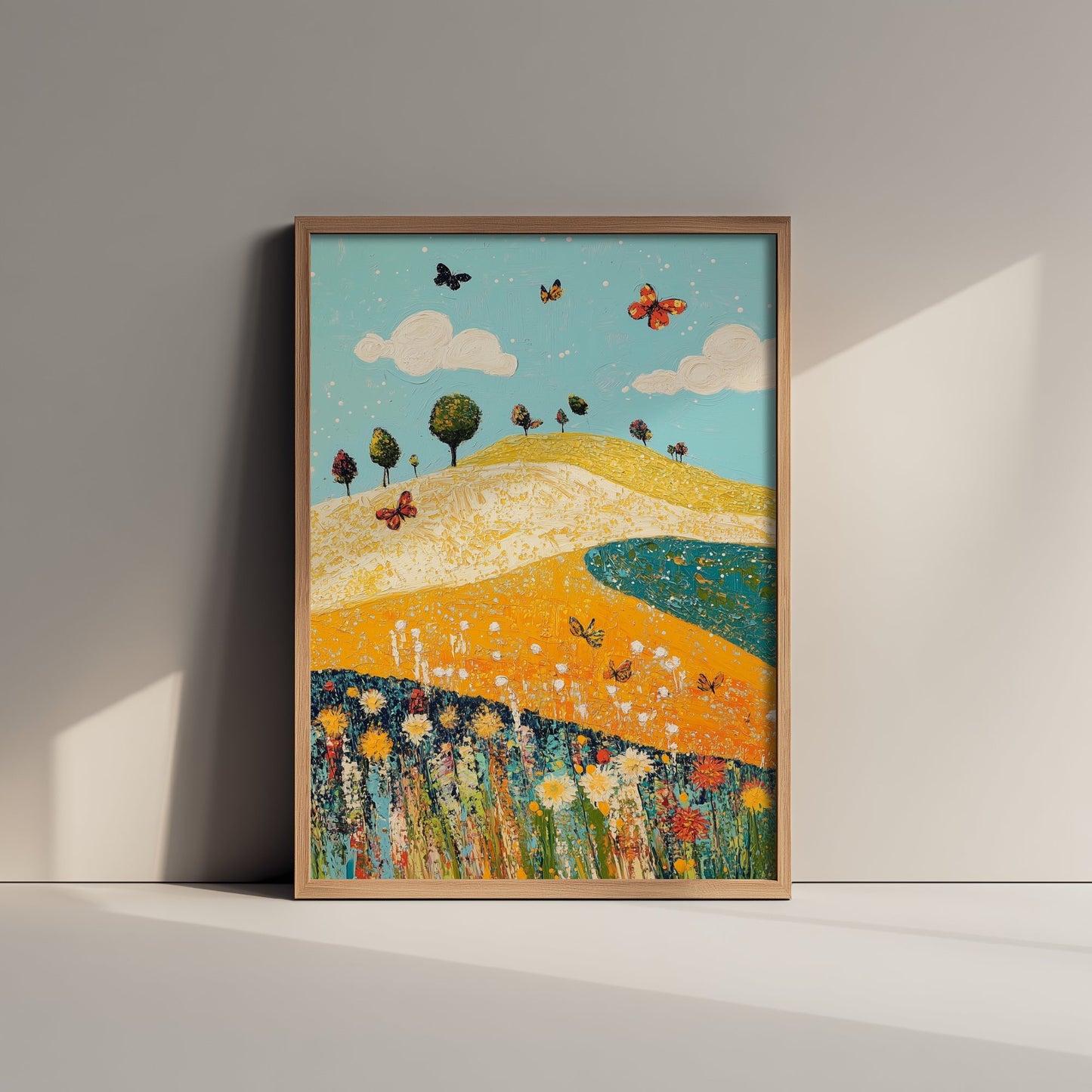 Rolling Hills Landscape Art Print - Butterfly Meadow Poster - Folk Art Painting - Mustard Cyan and Drift 2/3