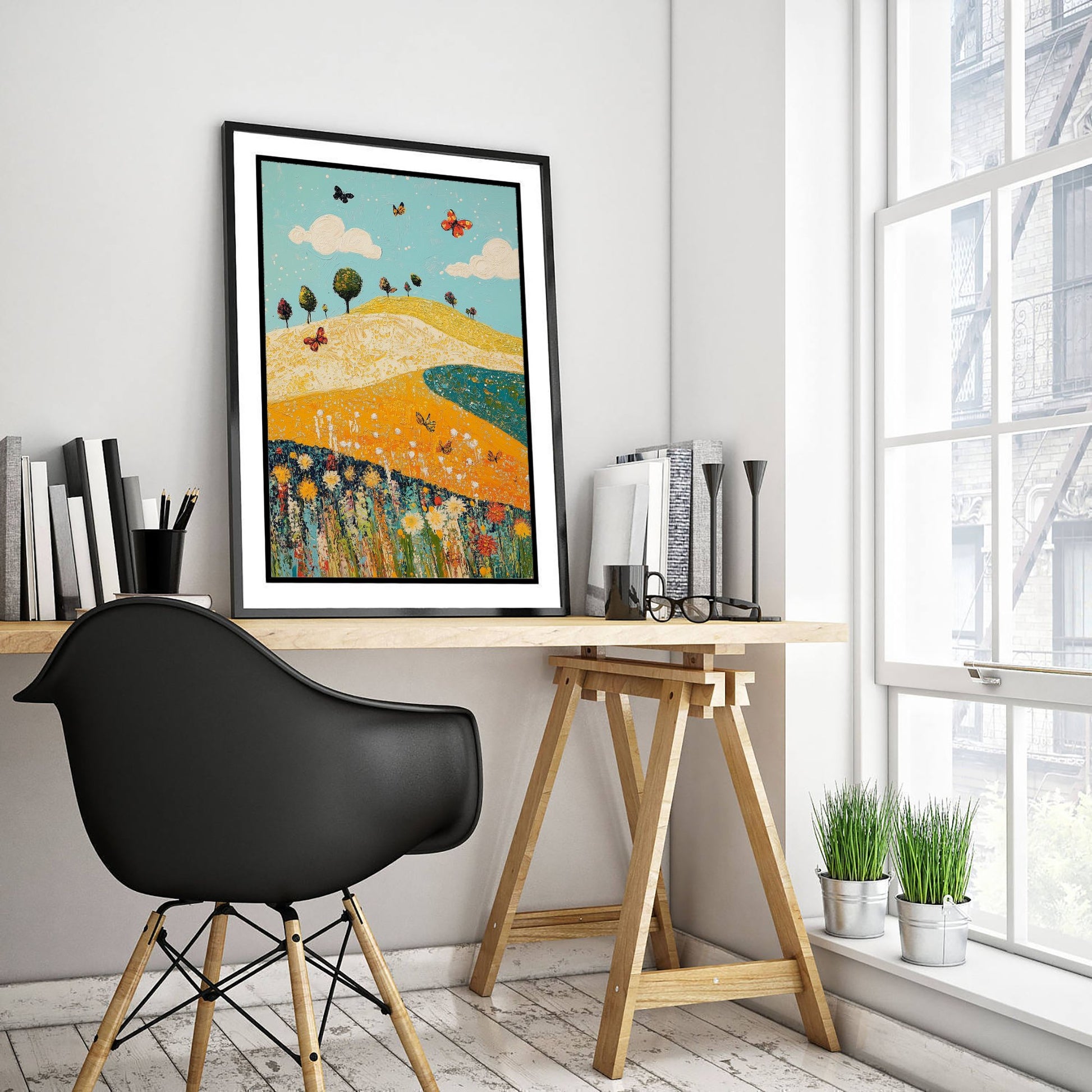 Rolling Hills Landscape Art Print - Butterfly Meadow Poster - Folk Art Painting - Mustard Cyan and Drift 2/3