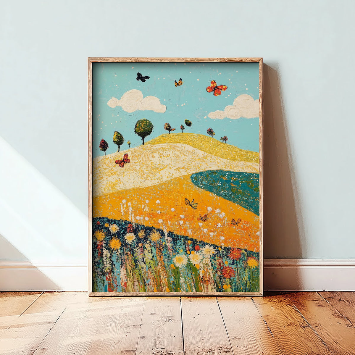 Rolling Hills Landscape Art Print - Butterfly Meadow Poster - Folk Art Painting - Mustard Cyan and Drift 2/3