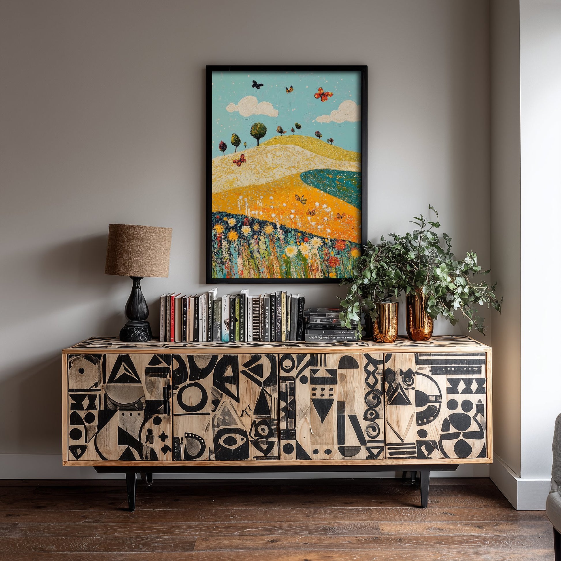 Rolling Hills Landscape Art Print - Butterfly Meadow Poster - Folk Art Painting - Mustard Cyan and Drift 2/3