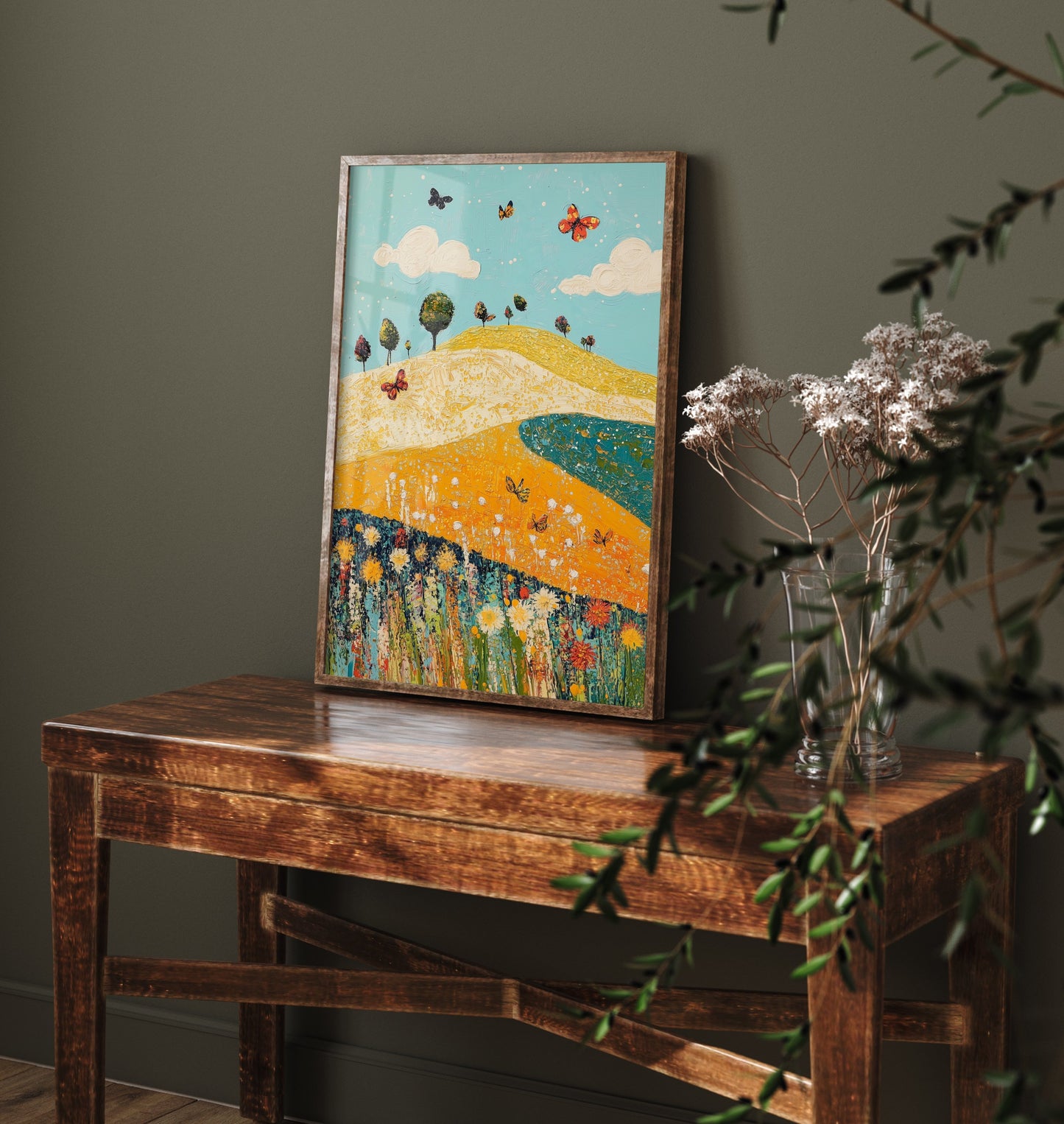 Rolling Hills Landscape Art Print - Butterfly Meadow Poster - Folk Art Painting - Mustard Cyan and Drift 2/3