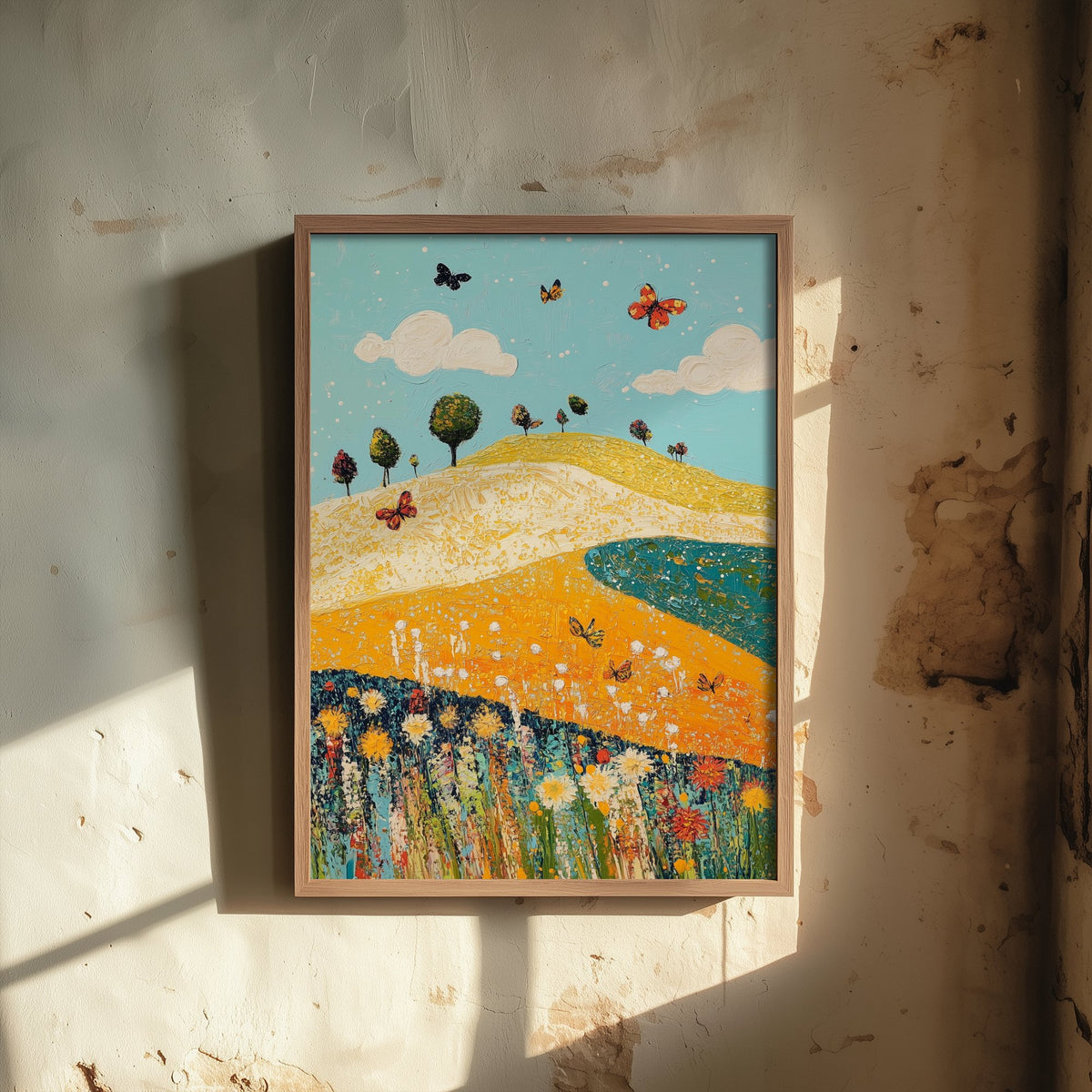 Rolling Hills Landscape Art Print - Butterfly Meadow Poster - Folk Art Painting - Mustard Cyan and Drift 2/3