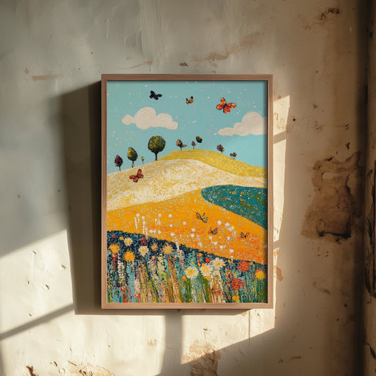 Rolling Hills Landscape Art Print - Butterfly Meadow Poster - Folk Art Painting - Mustard Cyan and Drift 2/3