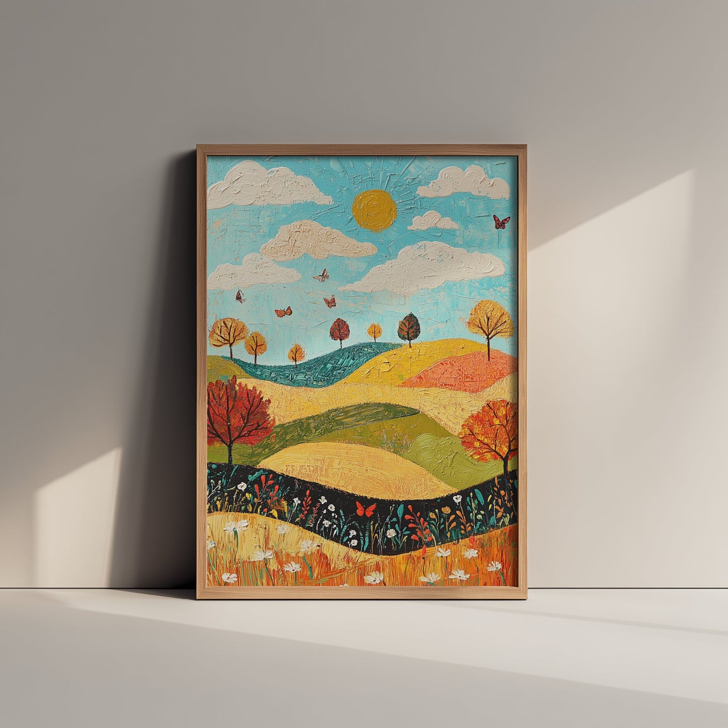 Rolling Hills Landscape Art Print - Butterfly Meadow Poster - Folk Art Painting - Mustard Cyan and Drift 3/3