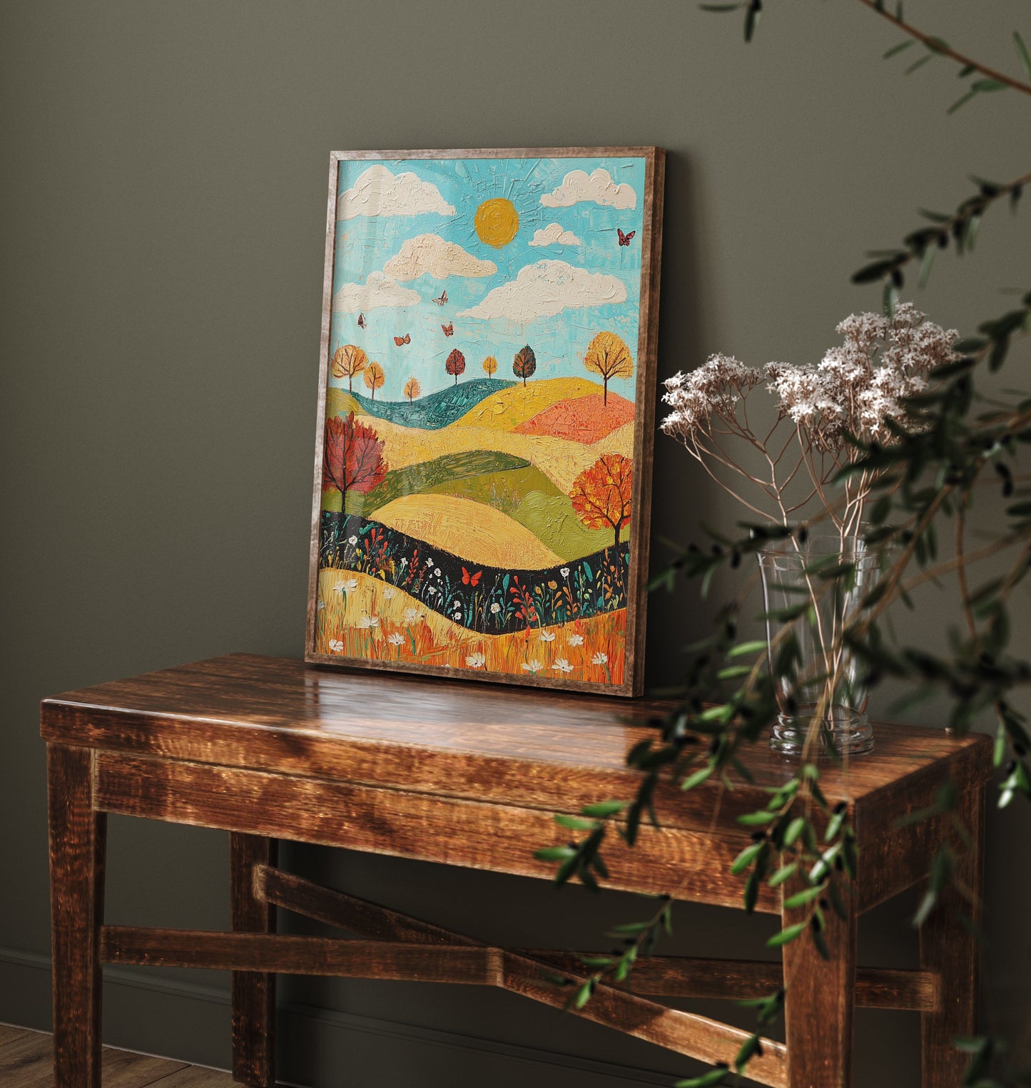 Rolling Hills Landscape Art Print - Butterfly Meadow Poster - Folk Art Painting - Mustard Cyan and Drift 3/3