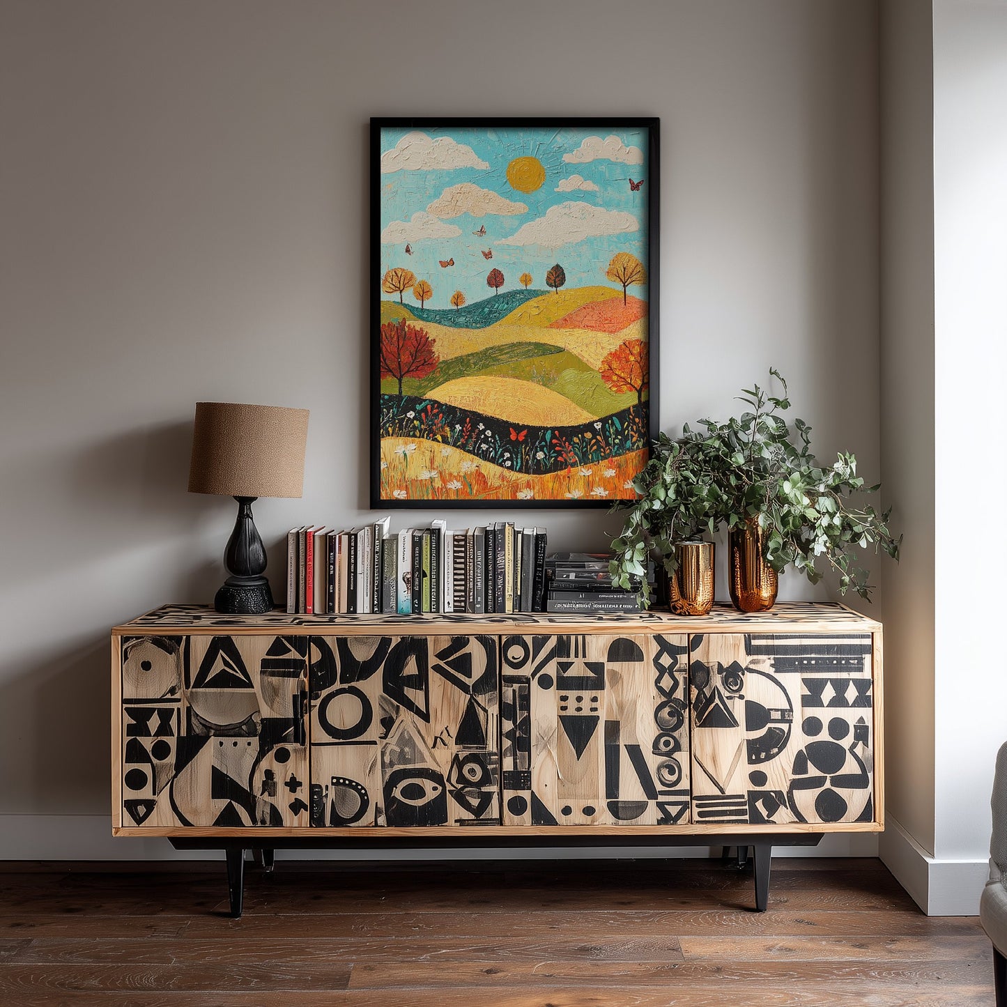 Rolling Hills Landscape Art Print - Butterfly Meadow Poster - Folk Art Painting - Mustard Cyan and Drift 3/3