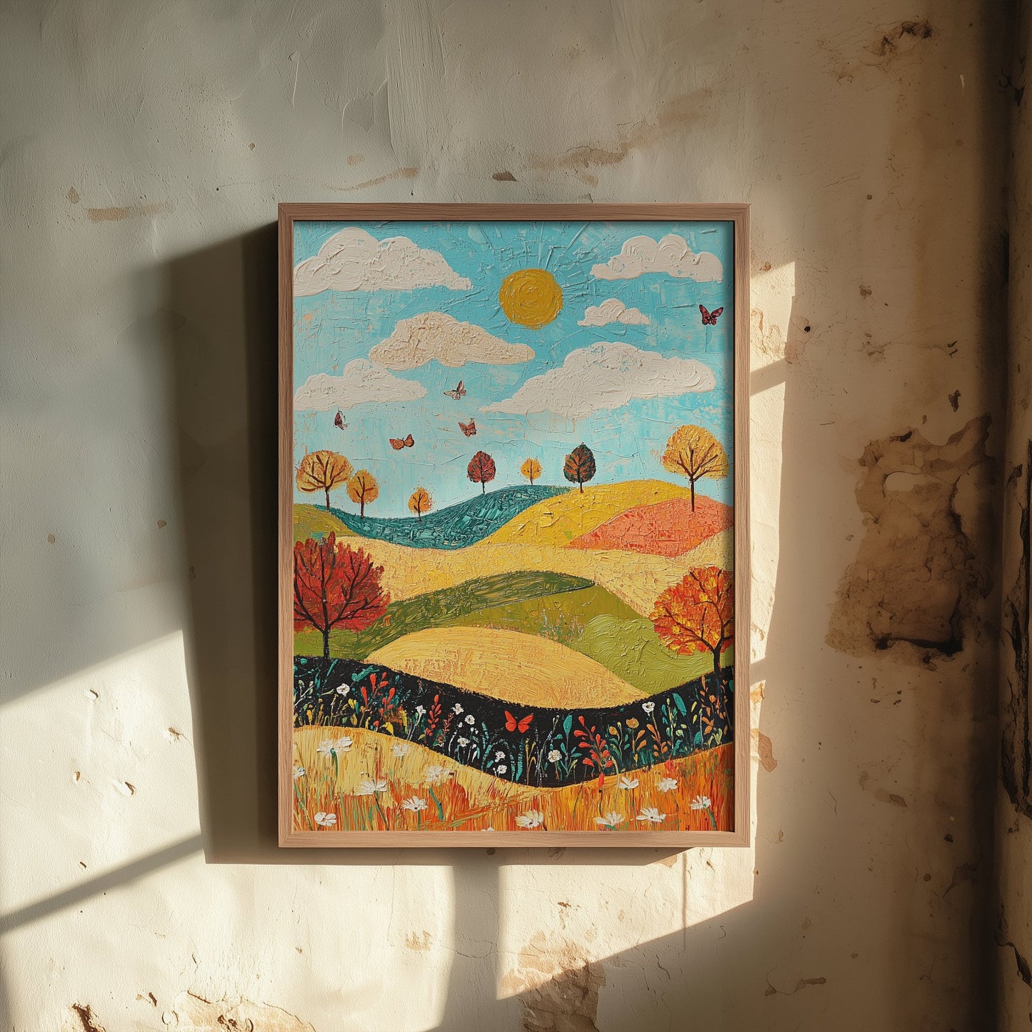 Rolling Hills Landscape Art Print - Butterfly Meadow Poster - Folk Art Painting - Mustard Cyan and Drift 3/3