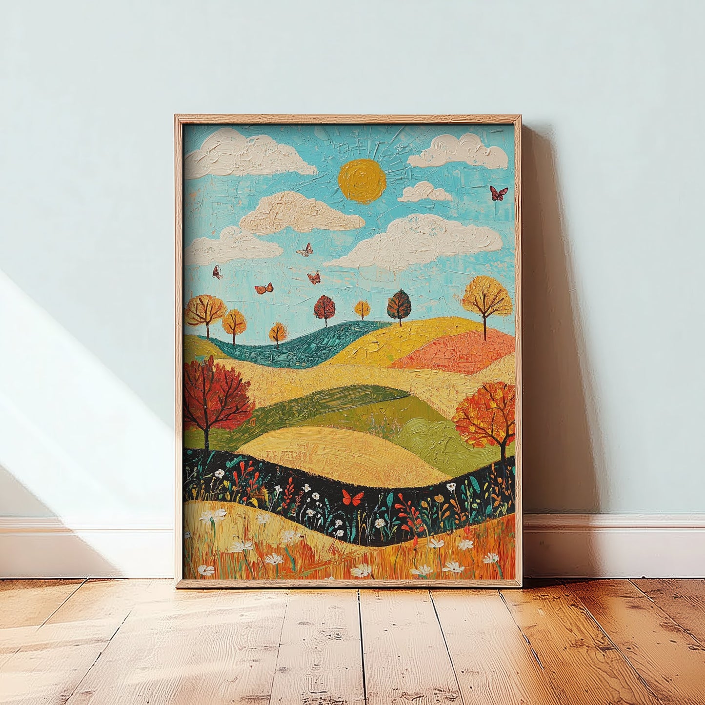 Rolling Hills Landscape Art Print - Butterfly Meadow Poster - Folk Art Painting - Mustard Cyan and Drift 3/3