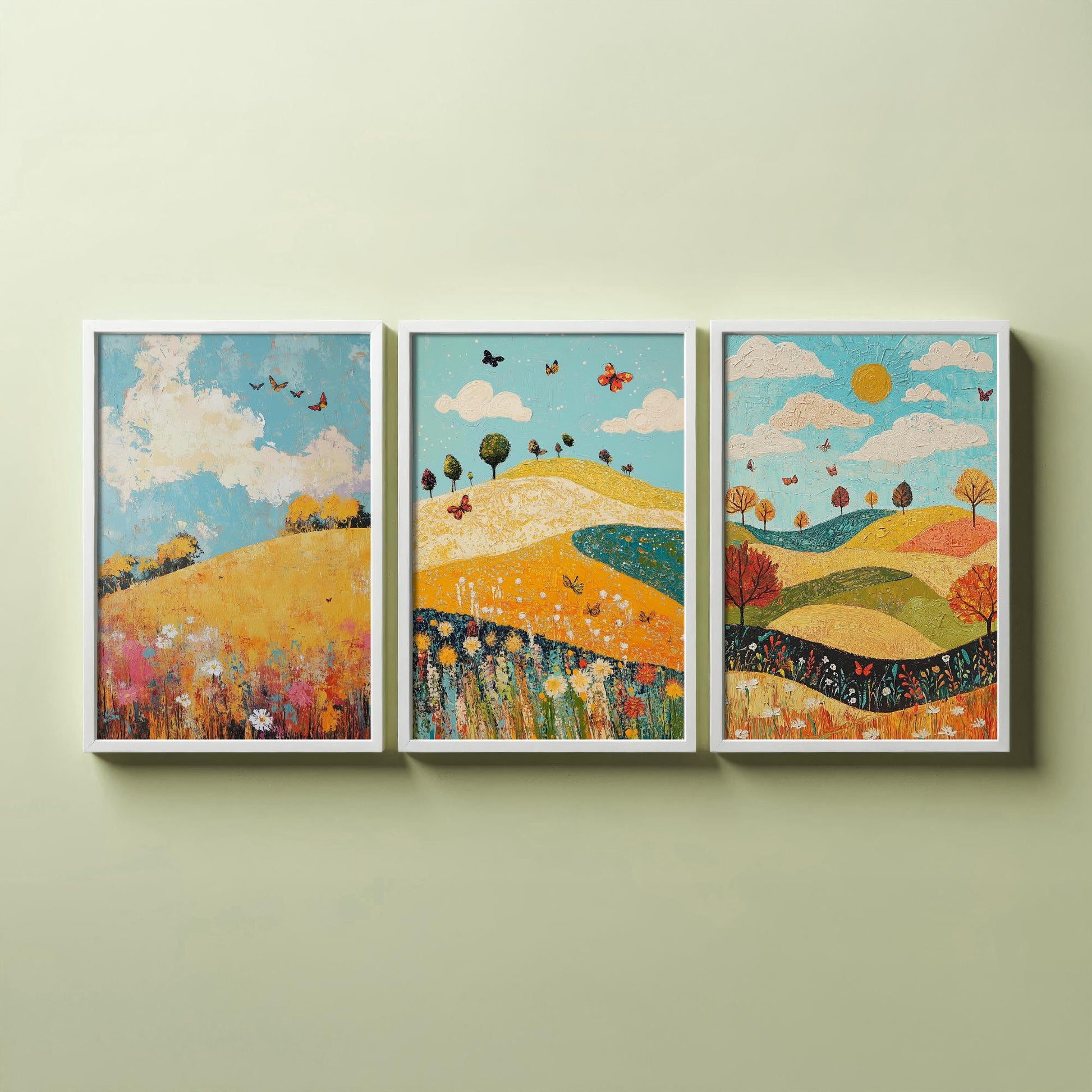 Rolling Hills Butterfly Set of Three Art Prints - Mustard Cyan and Drift - Folk Meadow Poster Illustration Gift