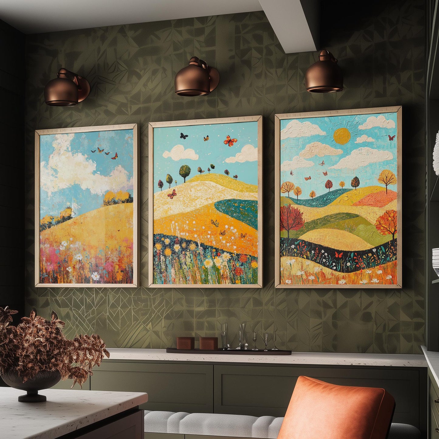 Rolling Hills Butterfly Set of Three Art Prints - Mustard Cyan and Drift - Folk Meadow Poster Illustration Gift
