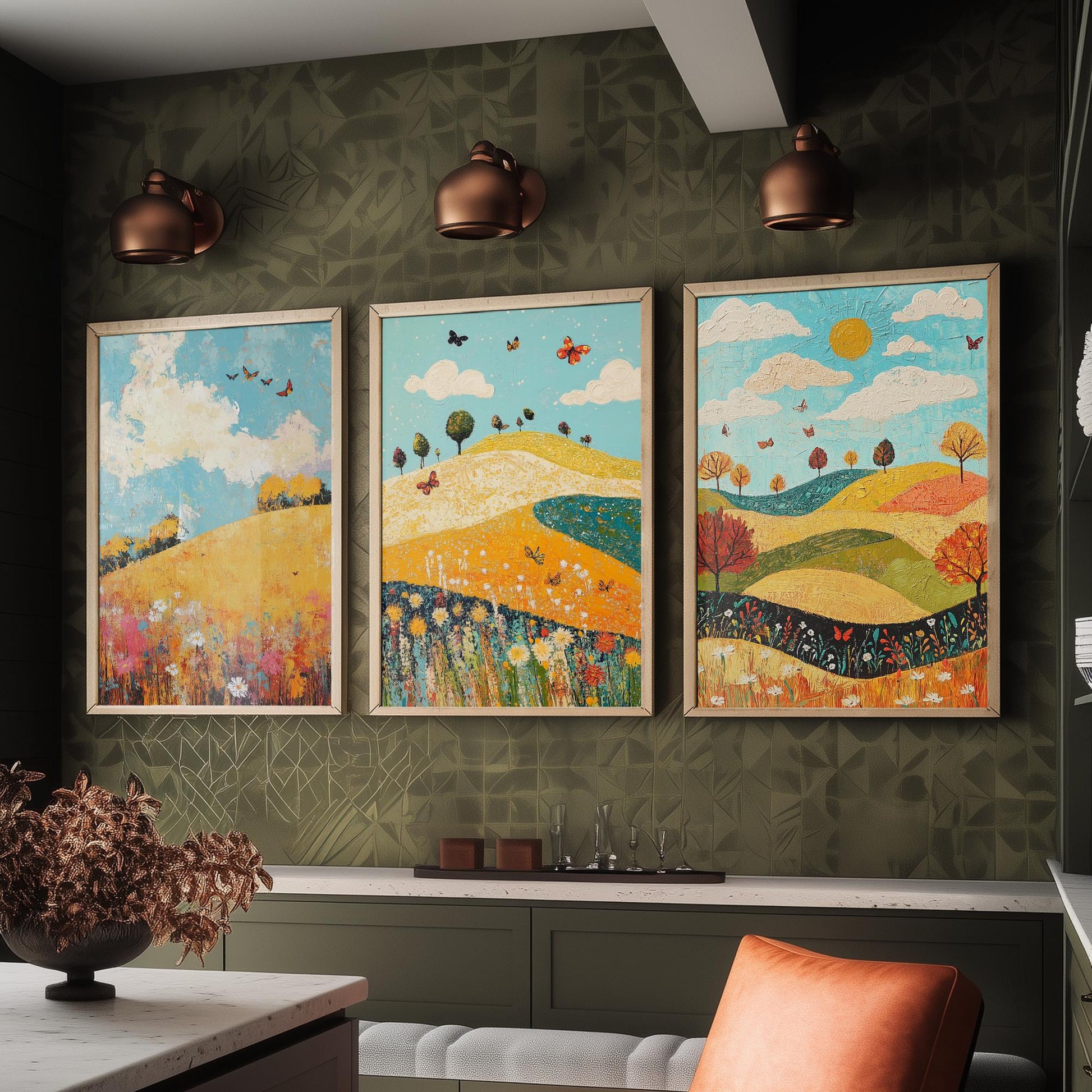 Rolling Hills Butterfly Set of Three Art Prints - Mustard Cyan and Drift - Folk Meadow Poster Illustration Gift