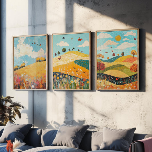 Rolling Hills Butterfly Set of Three Art Prints - Mustard Cyan and Drift - Folk Meadow Poster Illustration Gift