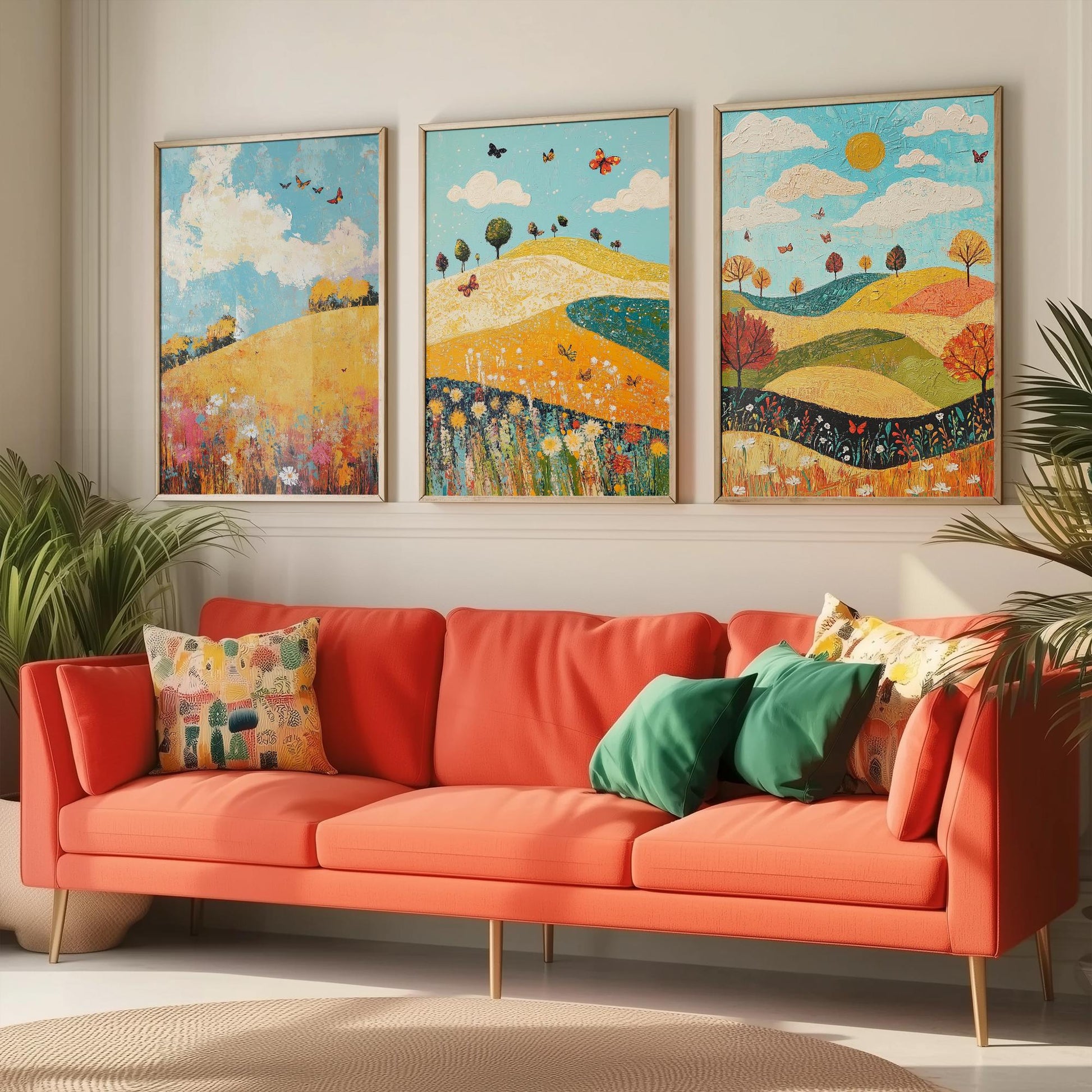 Rolling Hills Butterfly Set of Three Art Prints - Mustard Cyan and Drift - Folk Meadow Poster Illustration Gift