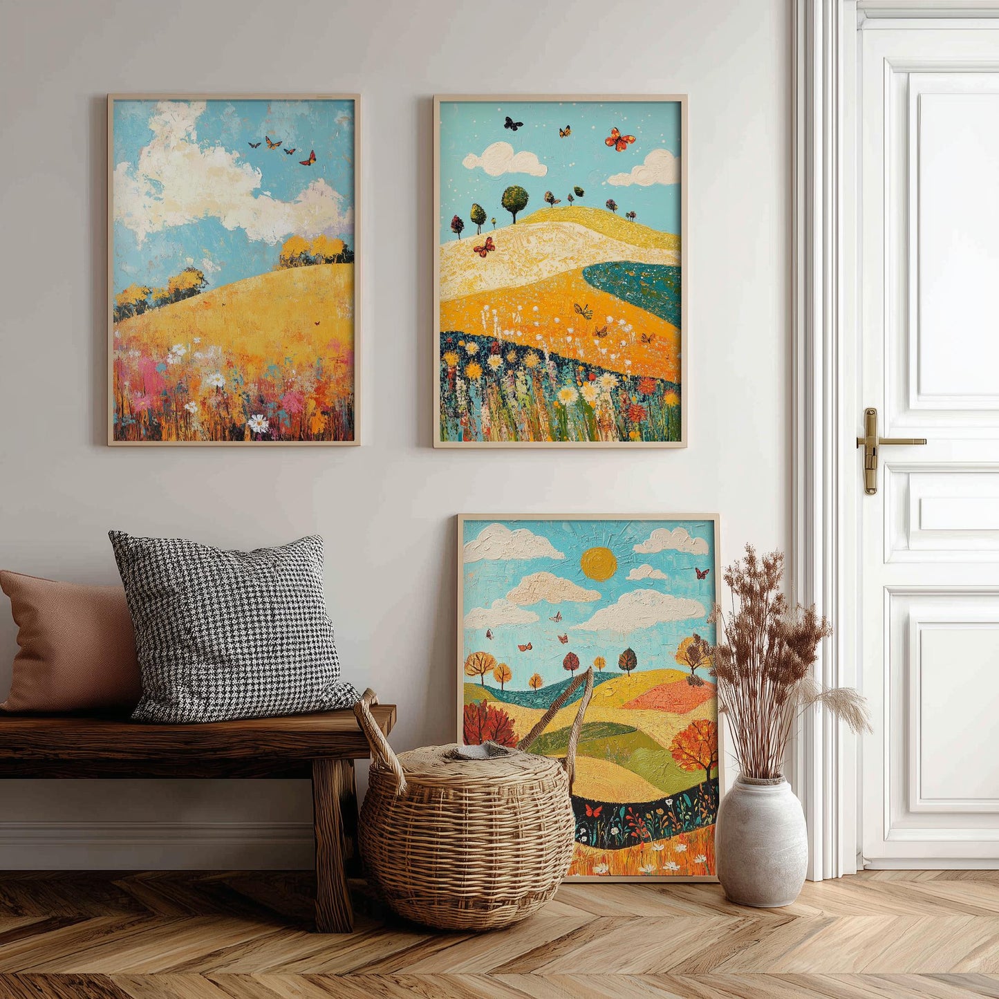 Rolling Hills Butterfly Set of Three Art Prints - Mustard Cyan and Drift - Folk Meadow Poster Illustration Gift