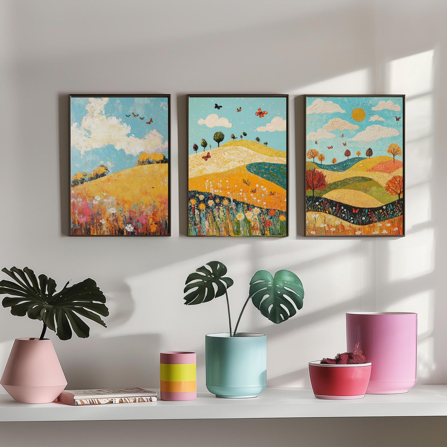 Rolling Hills Butterfly Set of Three Art Prints - Mustard Cyan and Drift - Folk Meadow Poster Illustration Gift
