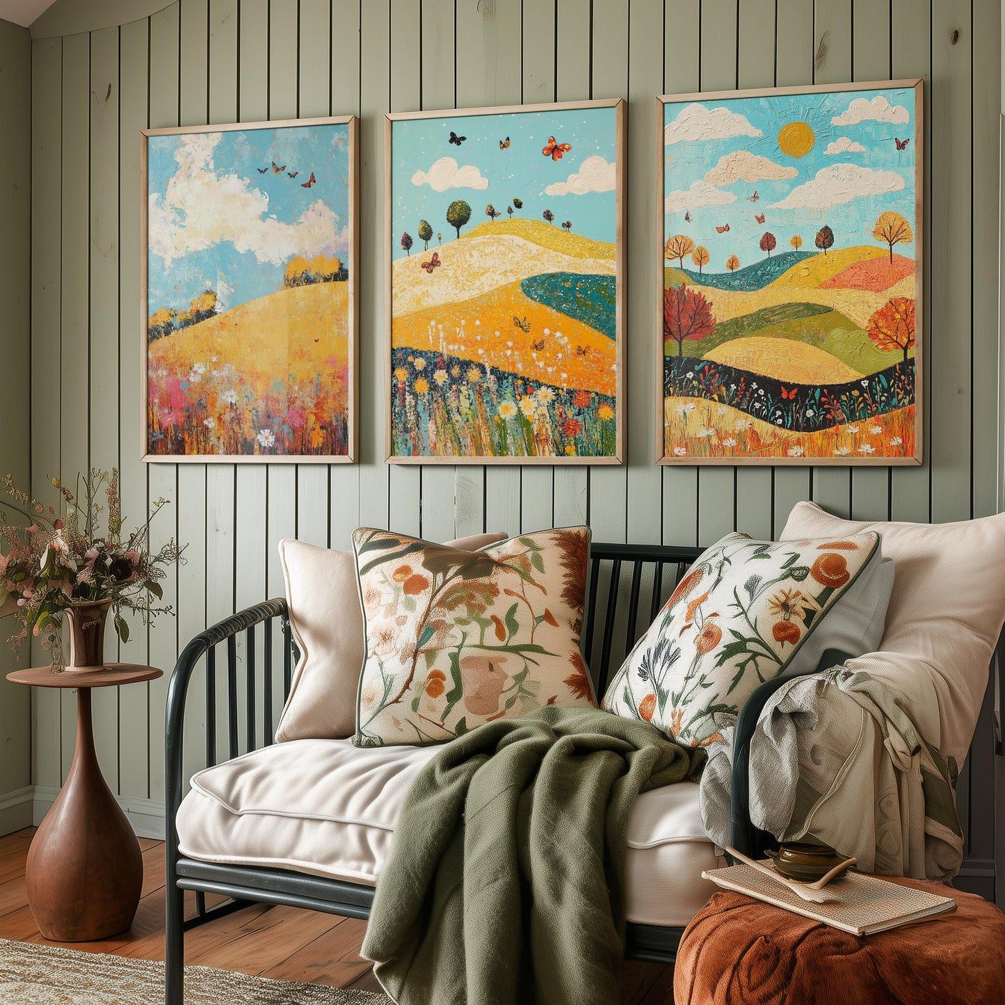 Rolling Hills Butterfly Set of Three Art Prints - Mustard Cyan and Drift - Folk Meadow Poster Illustration Gift