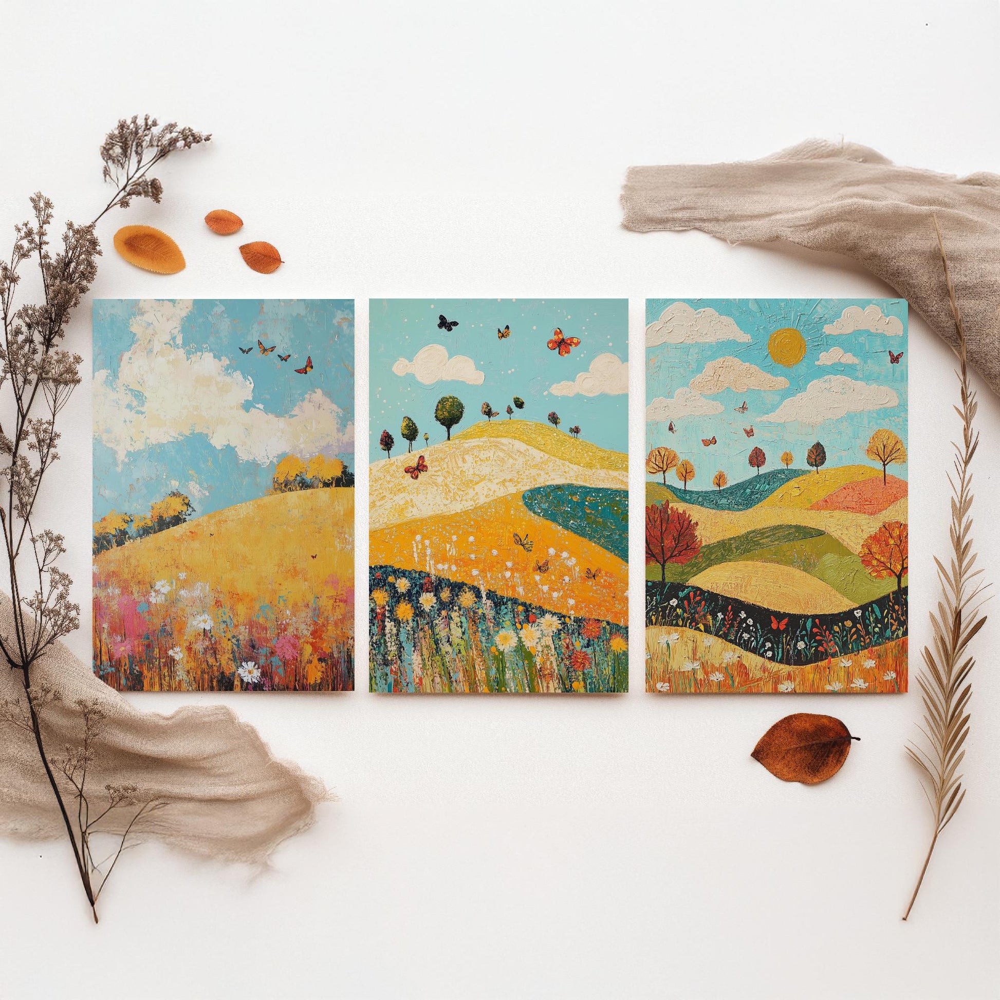 Rolling Hills Butterfly Set of Three Art Prints - Mustard Cyan and Drift - Folk Meadow Poster Illustration Gift