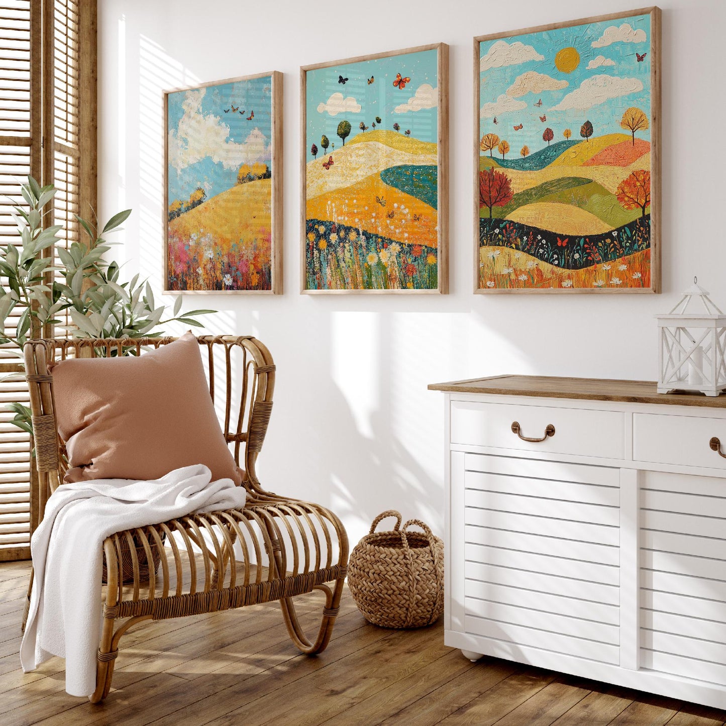 Rolling Hills Butterfly Set of Three Art Prints - Mustard Cyan and Drift - Folk Meadow Poster Illustration Gift