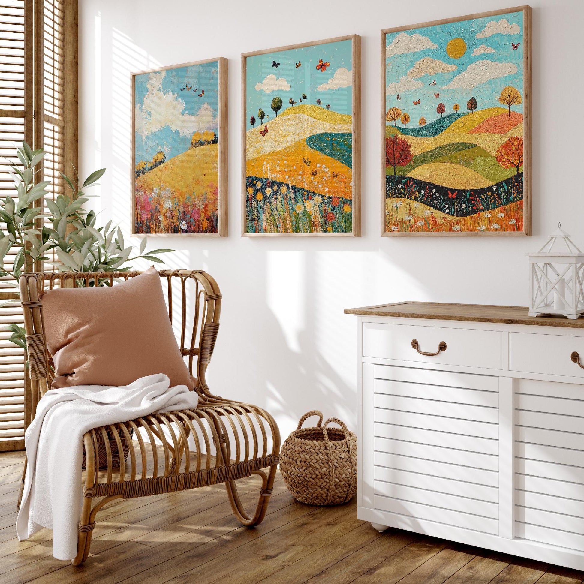 Rolling Hills Butterfly Set of Three Art Prints - Mustard Cyan and Drift - Folk Meadow Poster Illustration Gift