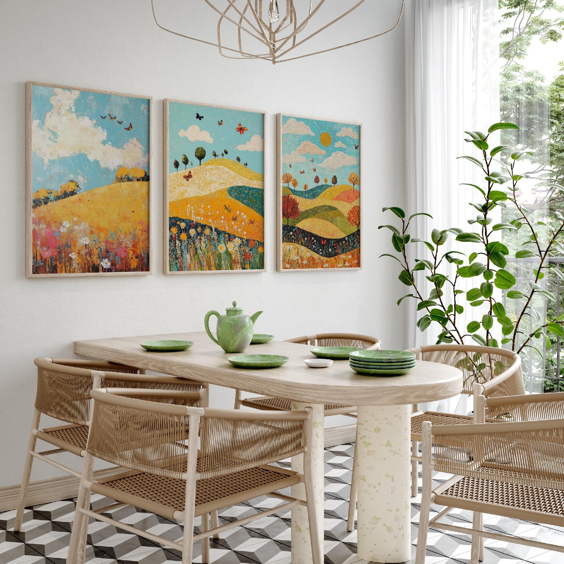 Rolling Hills Butterfly Set of Three Art Prints - Mustard Cyan and Drift - Folk Meadow Poster Illustration Gift