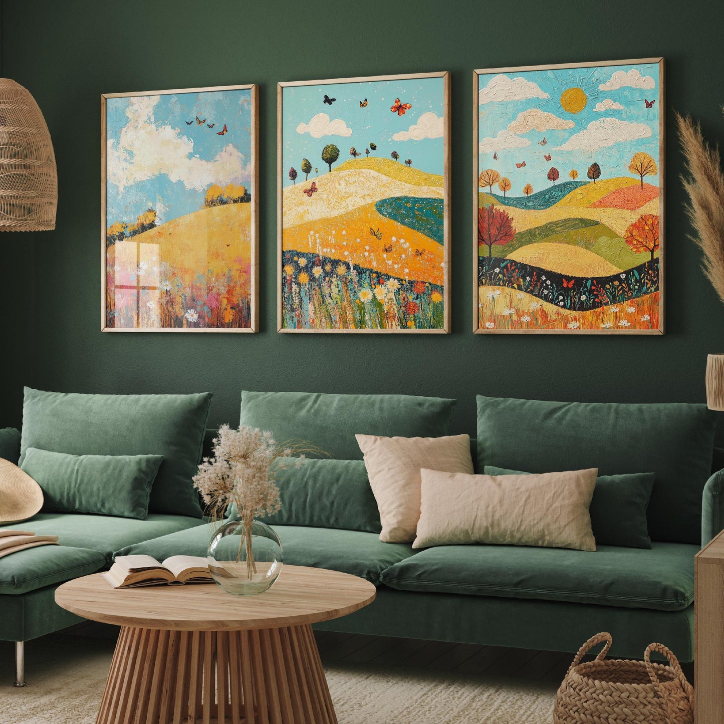 Rolling Hills Butterfly Set of Three Art Prints - Mustard Cyan and Drift - Folk Meadow Poster Illustration Gift