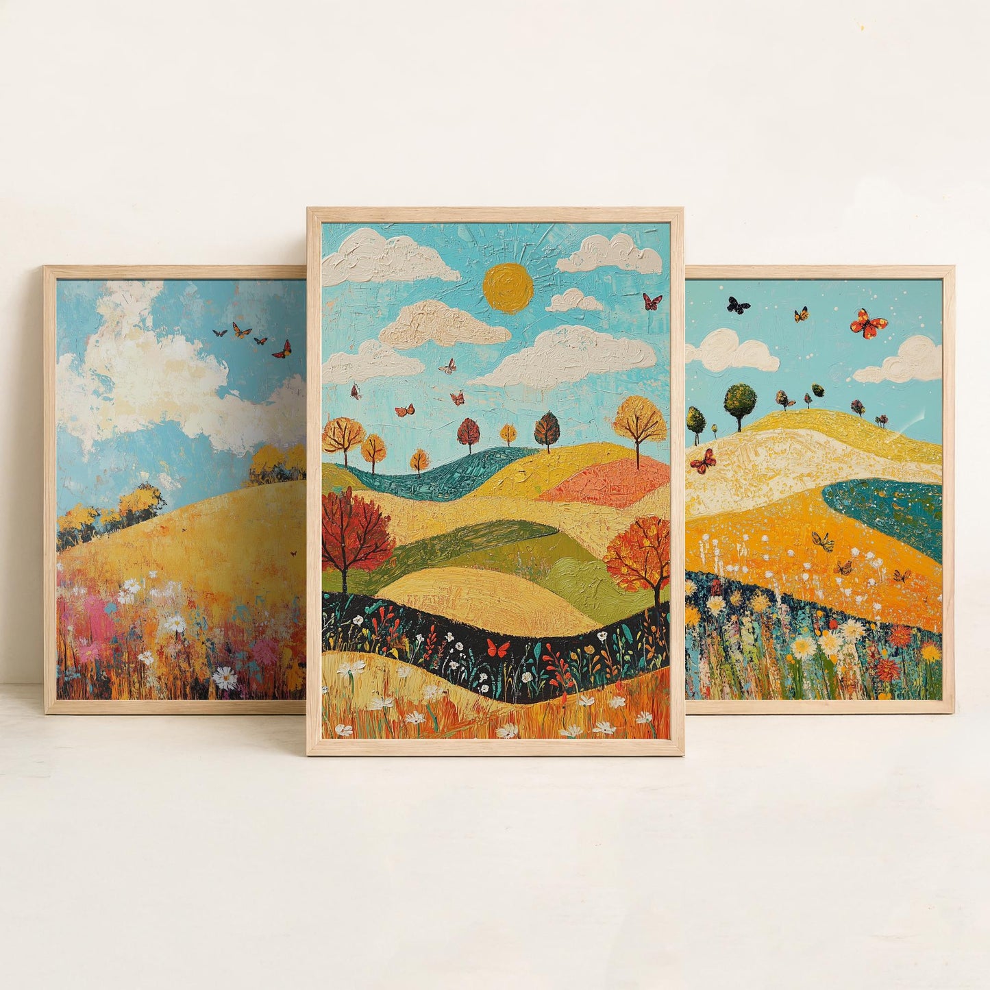 Rolling Hills Butterfly Set of Three Art Prints - Mustard Cyan and Drift - Folk Meadow Poster Illustration Gift