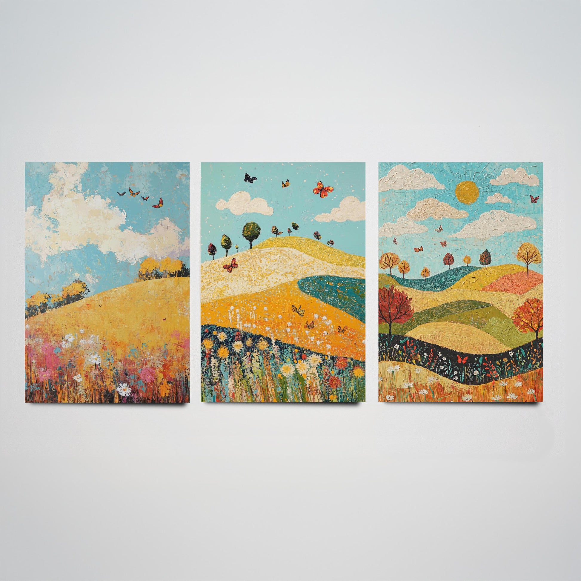Rolling Hills Butterfly Set of Three Art Prints - Mustard Cyan and Drift - Folk Meadow Poster Illustration Gift