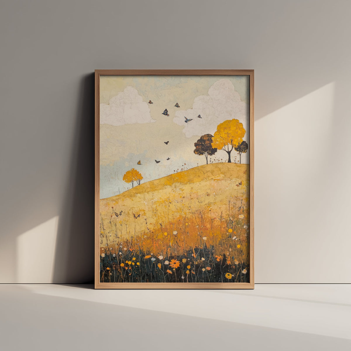 Rolling Hills Landscape Art Print - Butterfly Meadow Poster - Folk Art Painting - Obsidian Lemon and Dust 1/3