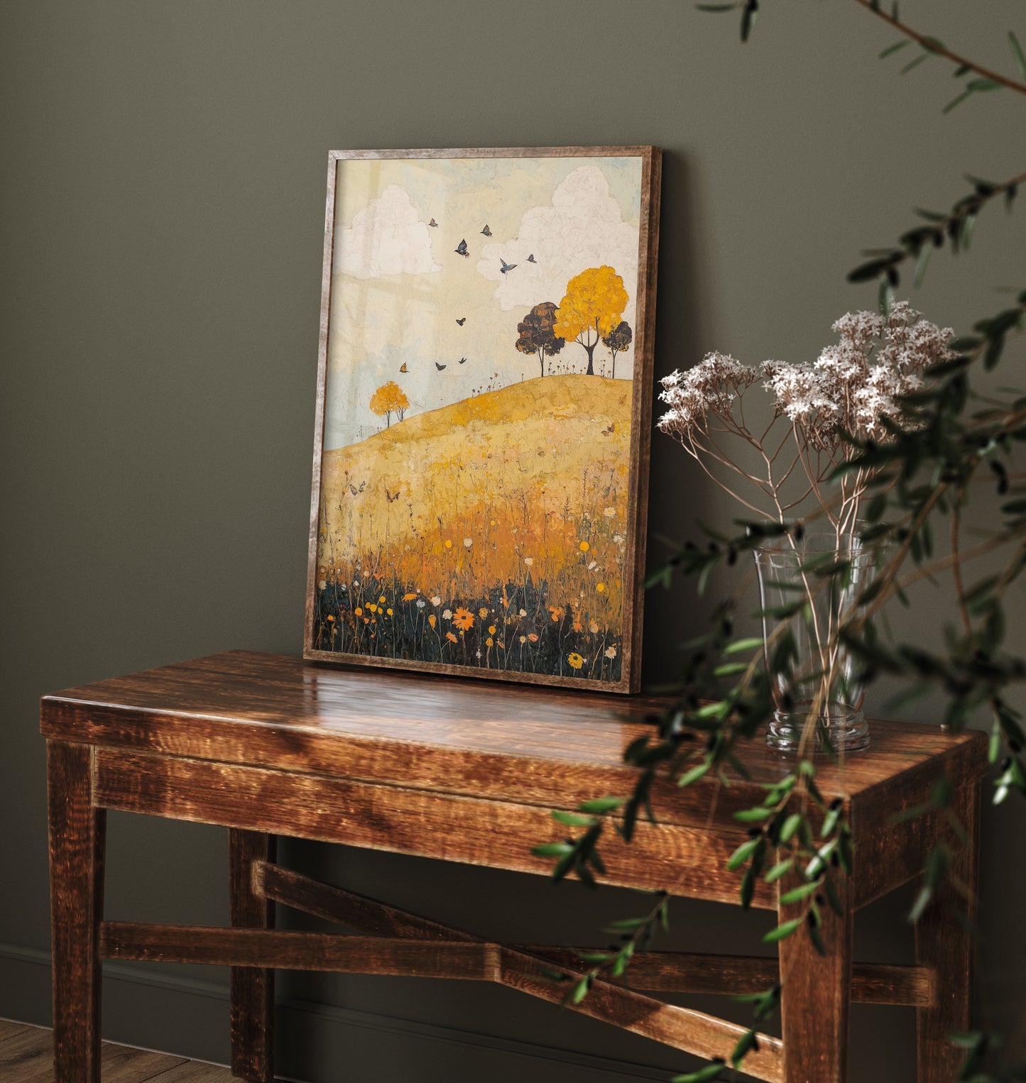 Rolling Hills Landscape Art Print - Butterfly Meadow Poster - Folk Art Painting - Obsidian Lemon and Dust 1/3