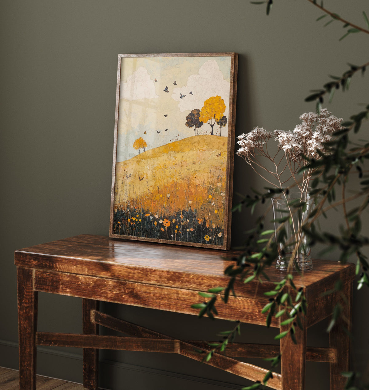 Rolling Hills Landscape Art Print - Butterfly Meadow Poster - Folk Art Painting - Obsidian Lemon and Dust 1/3