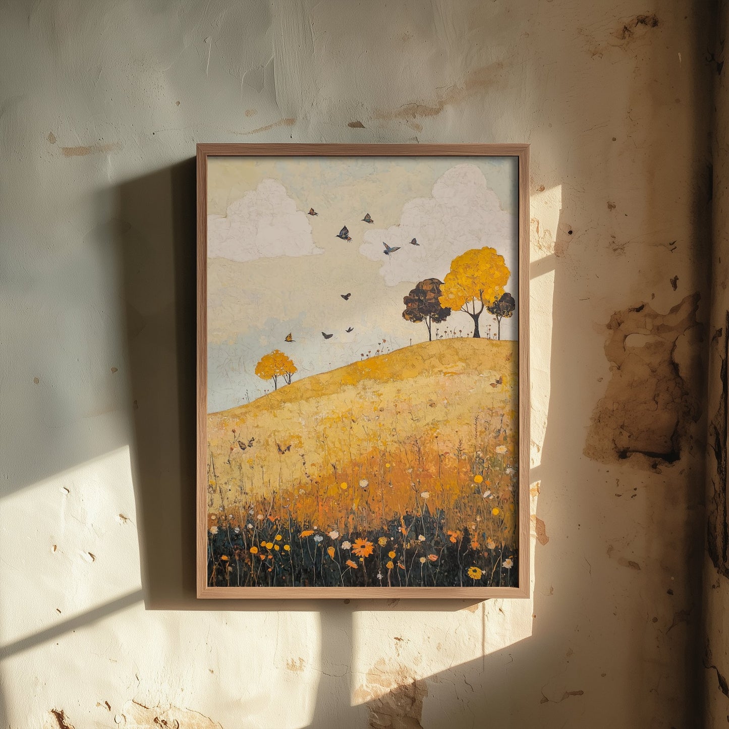 Rolling Hills Landscape Art Print - Butterfly Meadow Poster - Folk Art Painting - Obsidian Lemon and Dust 1/3