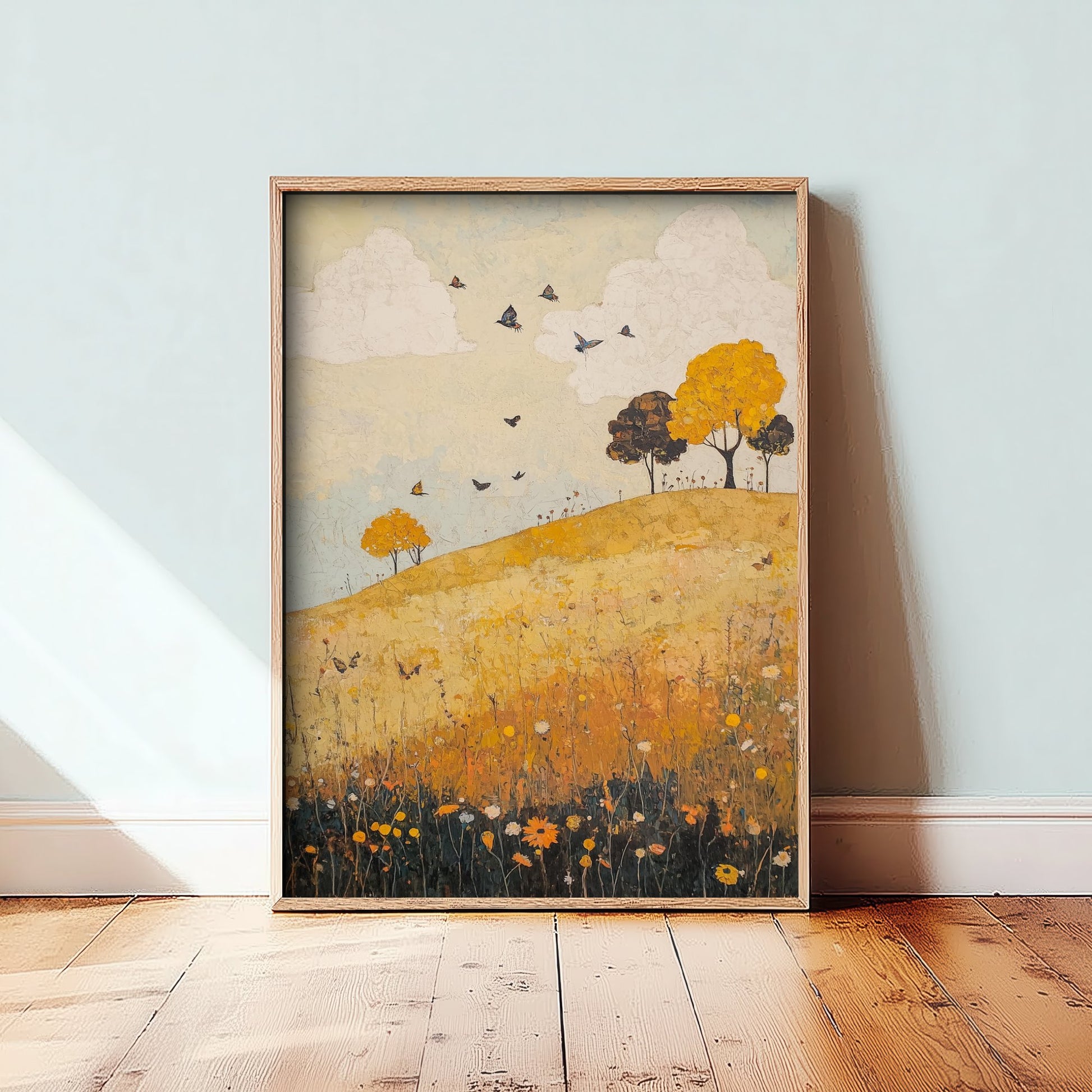 Rolling Hills Landscape Art Print - Butterfly Meadow Poster - Folk Art Painting - Obsidian Lemon and Dust 1/3