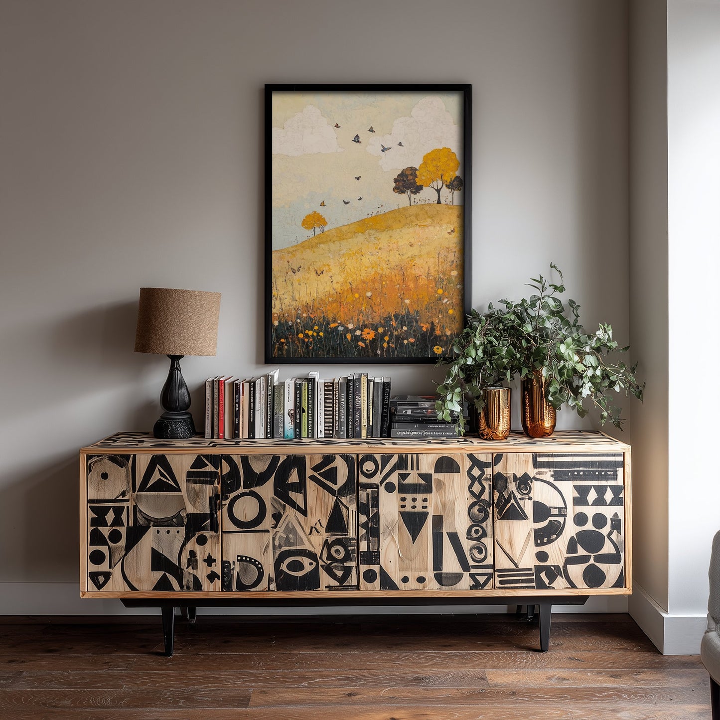 Rolling Hills Landscape Art Print - Butterfly Meadow Poster - Folk Art Painting - Obsidian Lemon and Dust 1/3