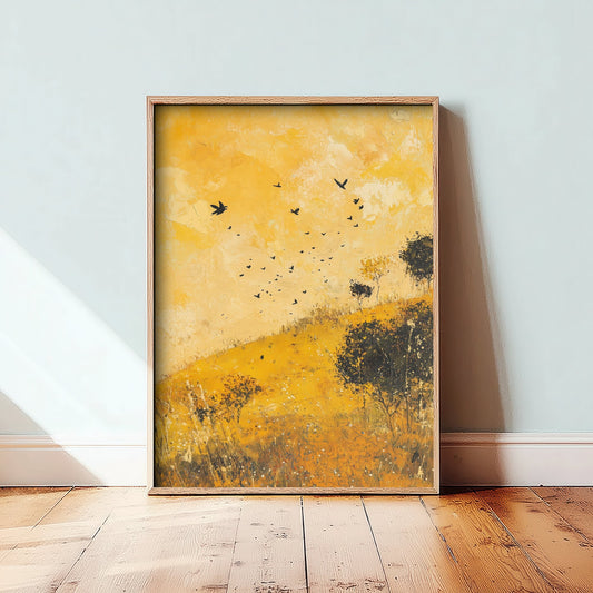 Rolling Hills Landscape Art Print - Butterfly Meadow Poster - Folk Art Painting - Obsidian Lemon and Dust 2/3