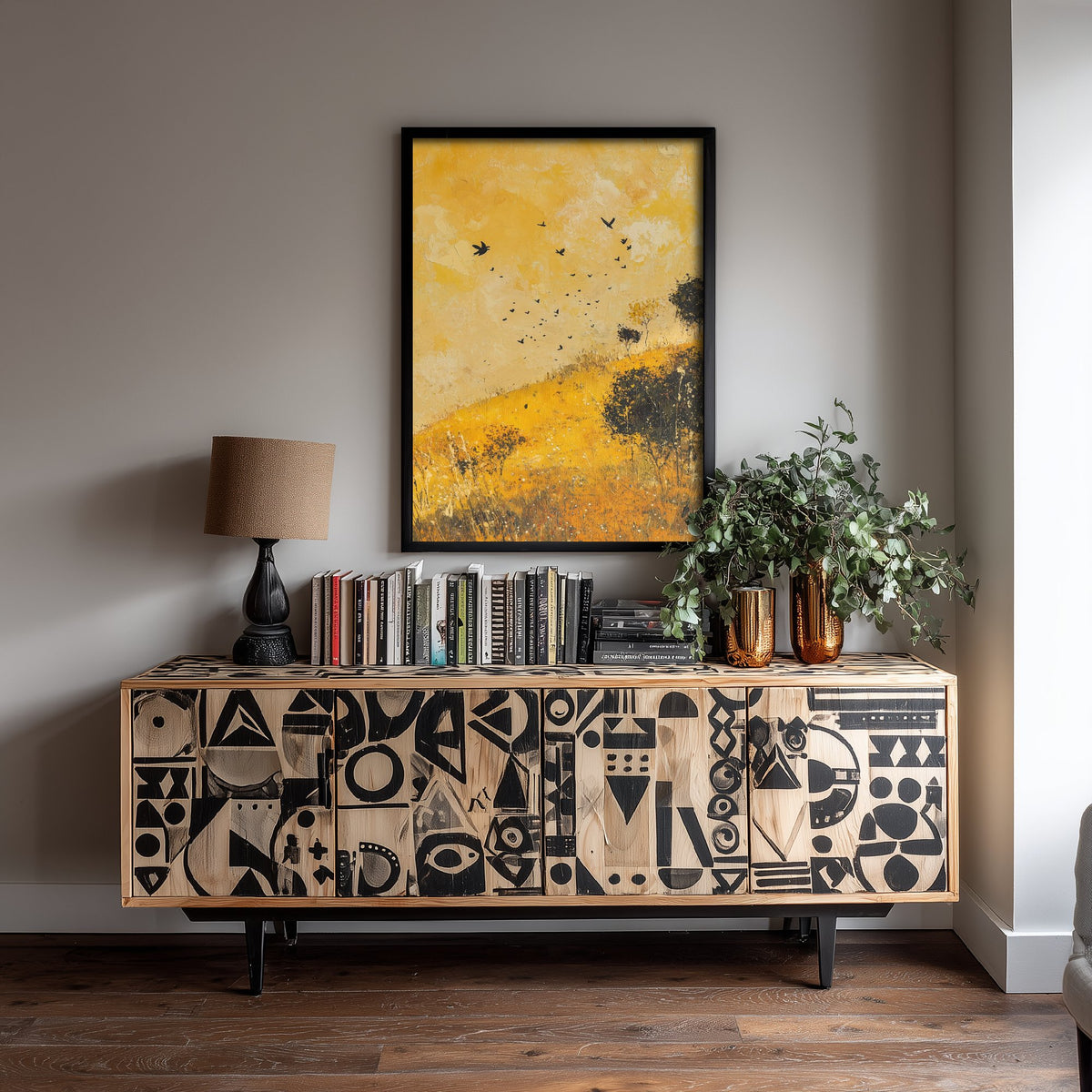 Rolling Hills Landscape Art Print - Butterfly Meadow Poster - Folk Art Painting - Obsidian Lemon and Dust 2/3