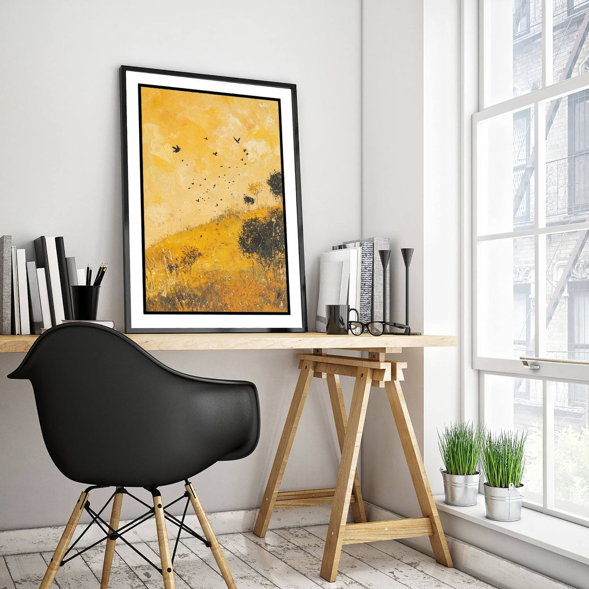 Rolling Hills Landscape Art Print - Butterfly Meadow Poster - Folk Art Painting - Obsidian Lemon and Dust 2/3