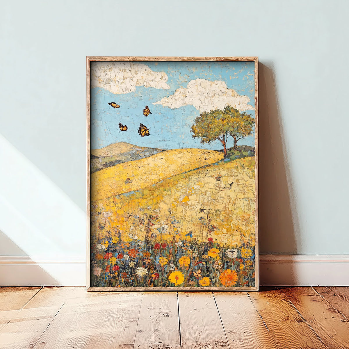 Rolling Hills Landscape Art Print - Butterfly Meadow Poster - Folk Art Painting - Obsidian Lemon and Dust 3/3