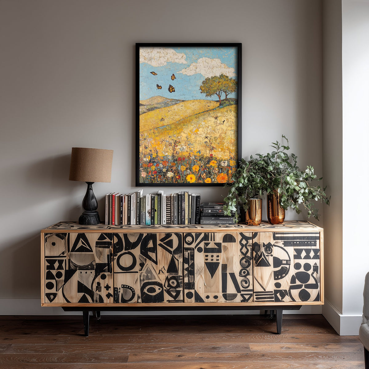 Rolling Hills Landscape Art Print - Butterfly Meadow Poster - Folk Art Painting - Obsidian Lemon and Dust 3/3