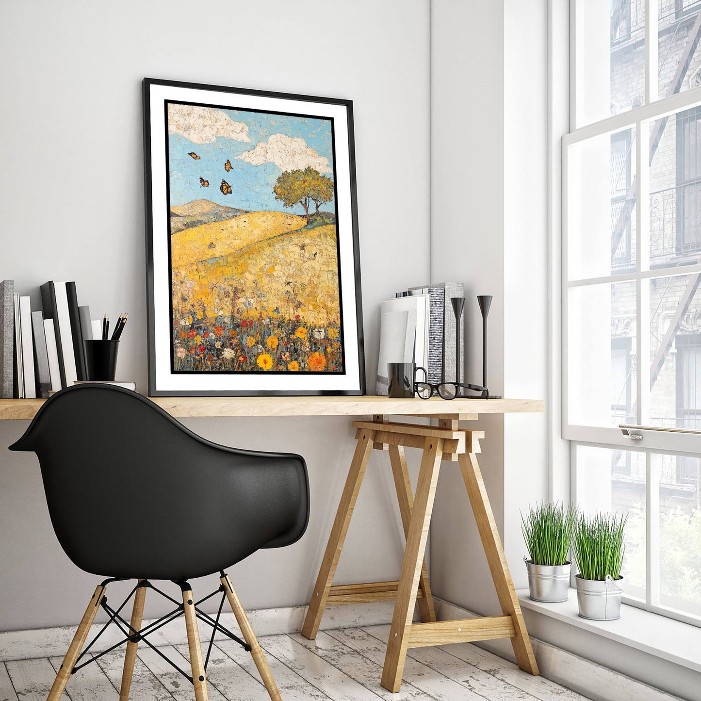 Rolling Hills Landscape Art Print - Butterfly Meadow Poster - Folk Art Painting - Obsidian Lemon and Dust 3/3
