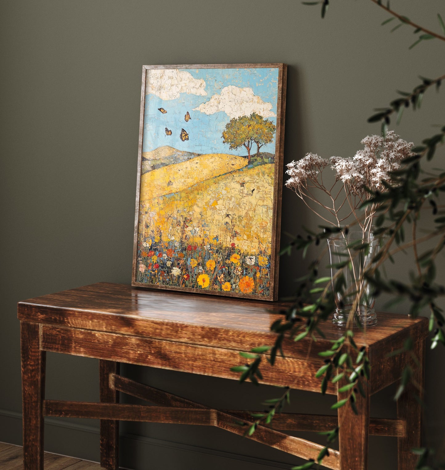 Rolling Hills Landscape Art Print - Butterfly Meadow Poster - Folk Art Painting - Obsidian Lemon and Dust 3/3