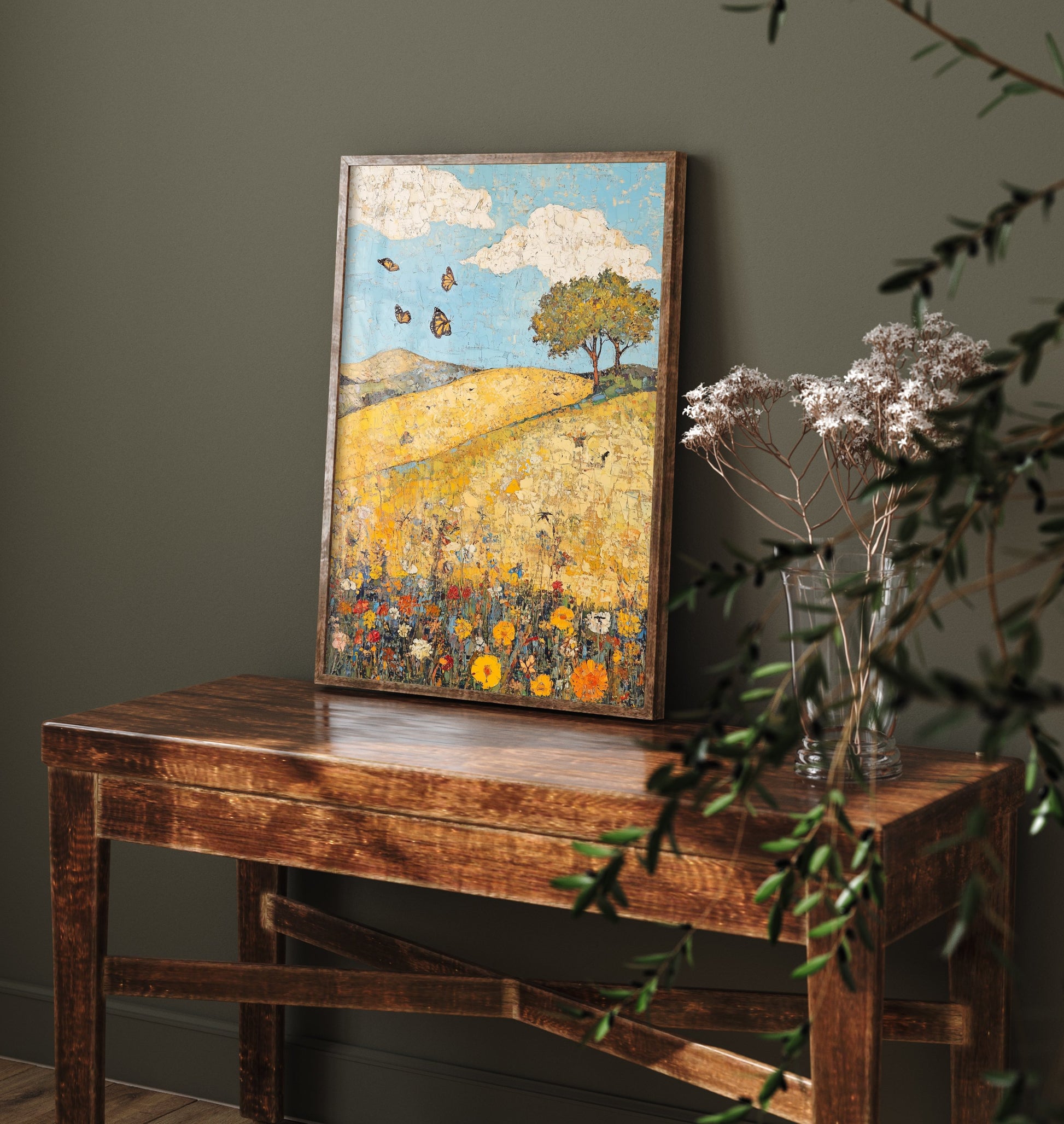 Rolling Hills Landscape Art Print - Butterfly Meadow Poster - Folk Art Painting - Obsidian Lemon and Dust 3/3