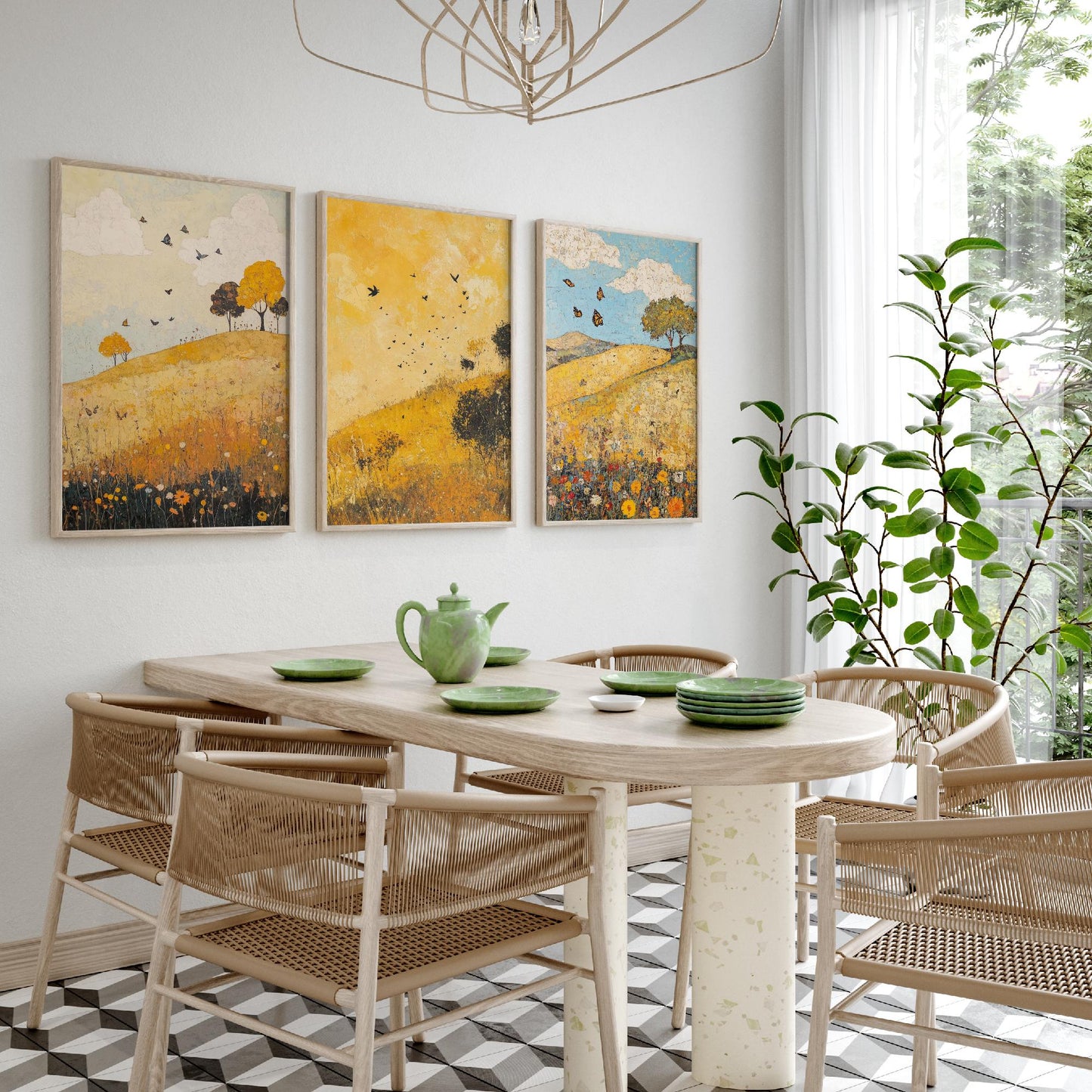 Rolling Hills Butterfly Set of Three Art Prints - Obsidian Lemon and Dust - Folk Meadow Poster Illustration Gift