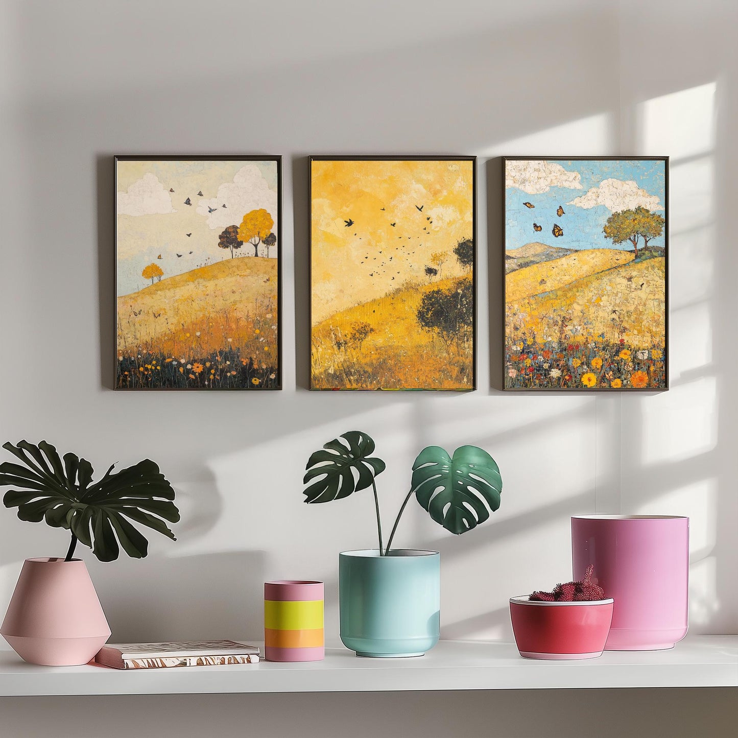 Rolling Hills Butterfly Set of Three Art Prints - Obsidian Lemon and Dust - Folk Meadow Poster Illustration Gift