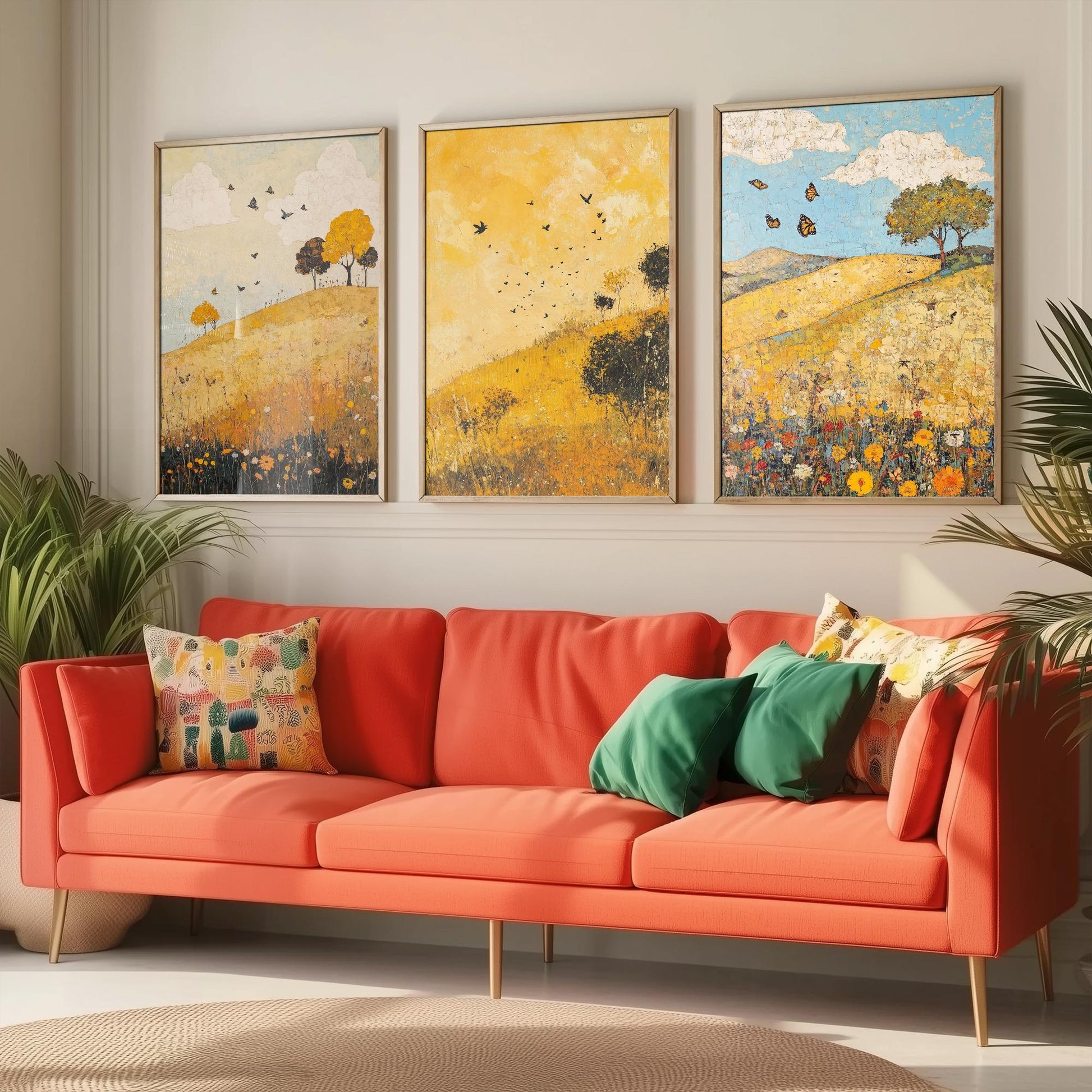 Rolling Hills Butterfly Set of Three Art Prints - Obsidian Lemon and Dust - Folk Meadow Poster Illustration Gift