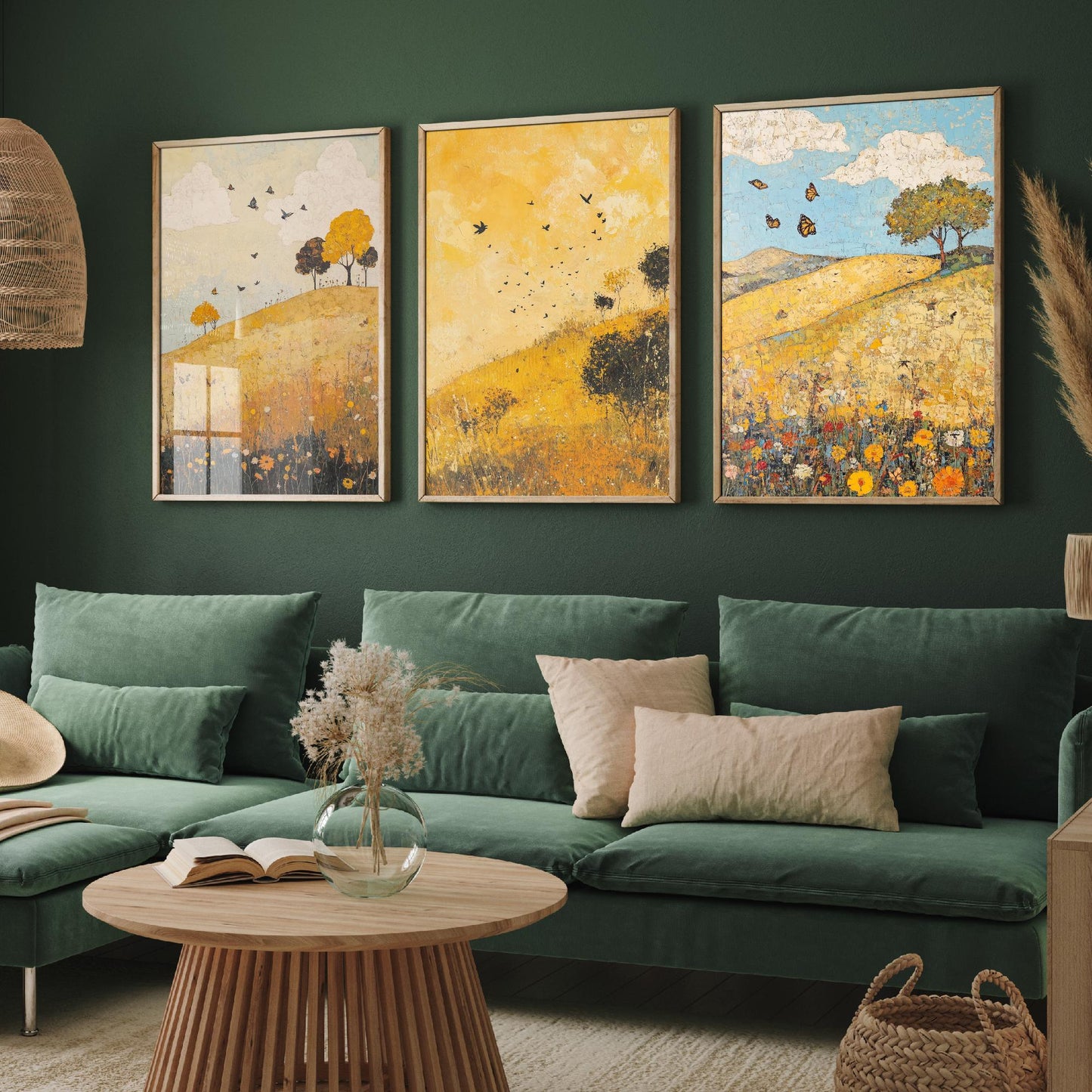 Rolling Hills Butterfly Set of Three Art Prints - Obsidian Lemon and Dust - Folk Meadow Poster Illustration Gift