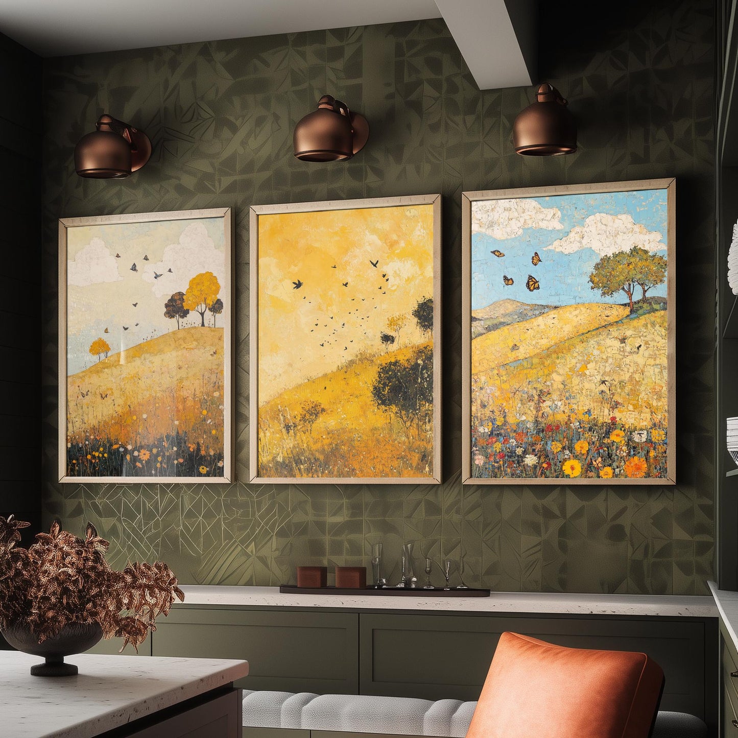 Rolling Hills Butterfly Set of Three Art Prints - Obsidian Lemon and Dust - Folk Meadow Poster Illustration Gift