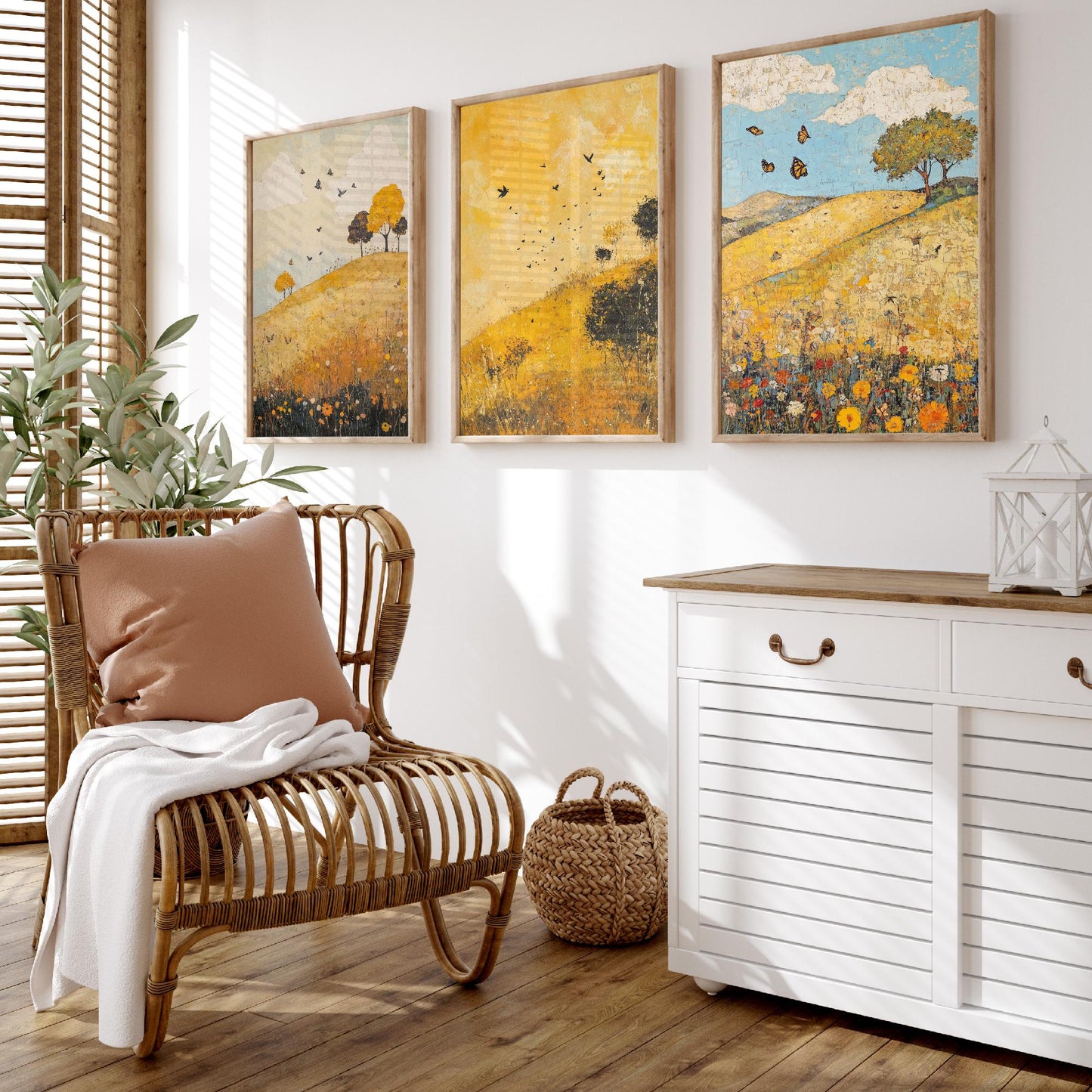 Rolling Hills Butterfly Set of Three Art Prints - Obsidian Lemon and Dust - Folk Meadow Poster Illustration Gift